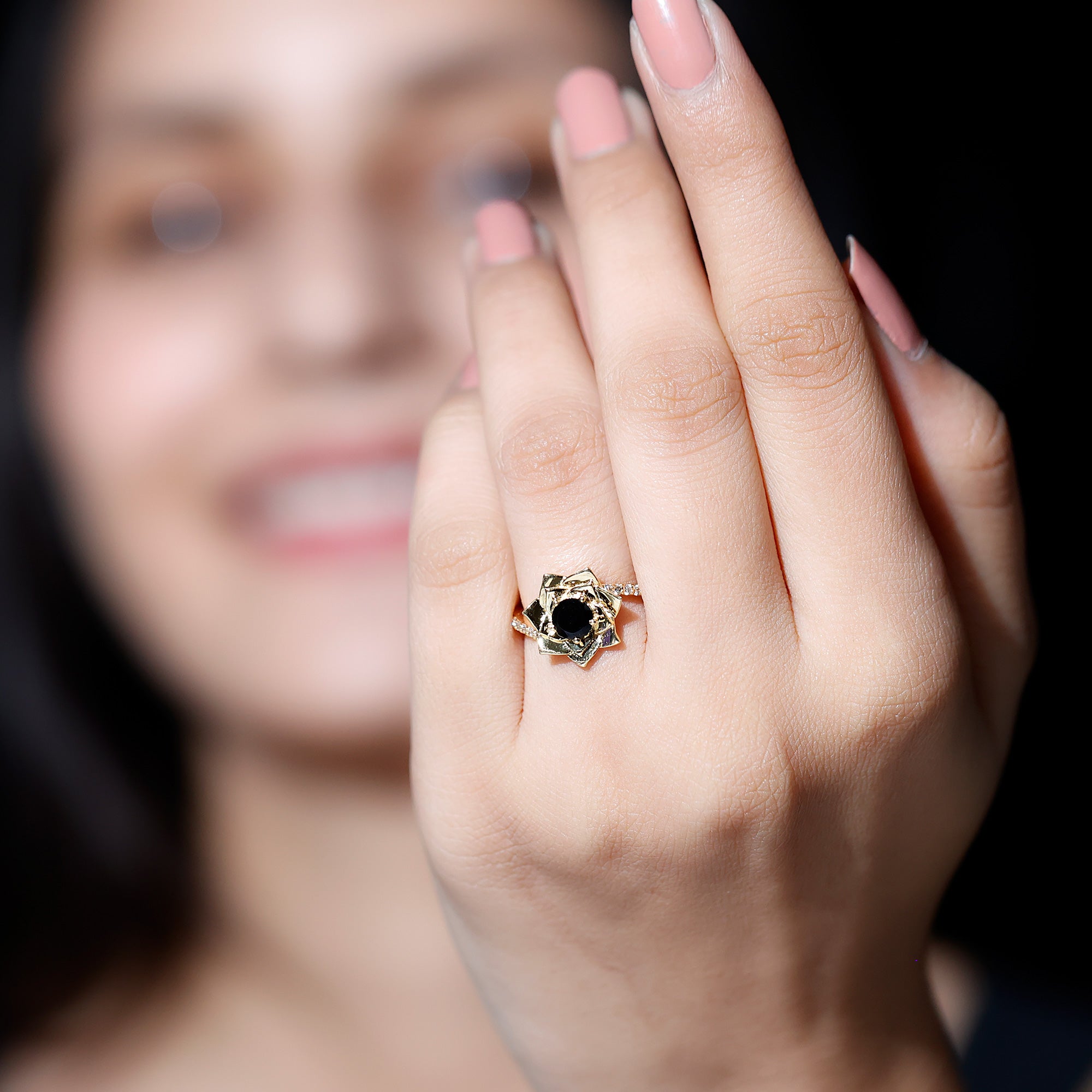 Rosec Jewels-Black Onyx and Diamond Flower Engagement Ring with Bypass Shank