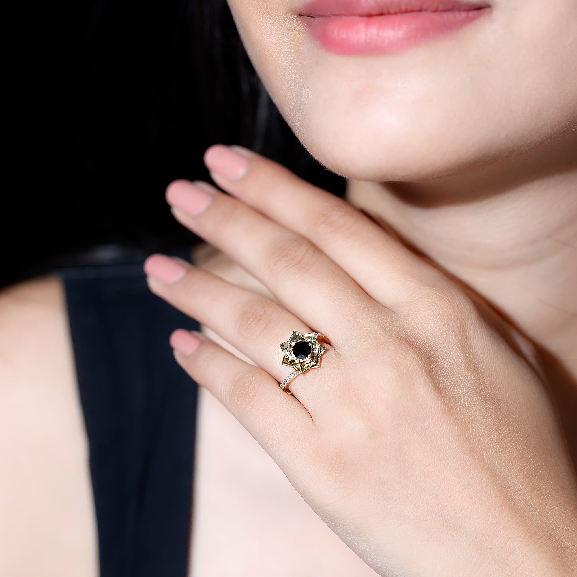 Rosec Jewels-Black Onyx and Diamond Flower Engagement Ring with Bypass Shank