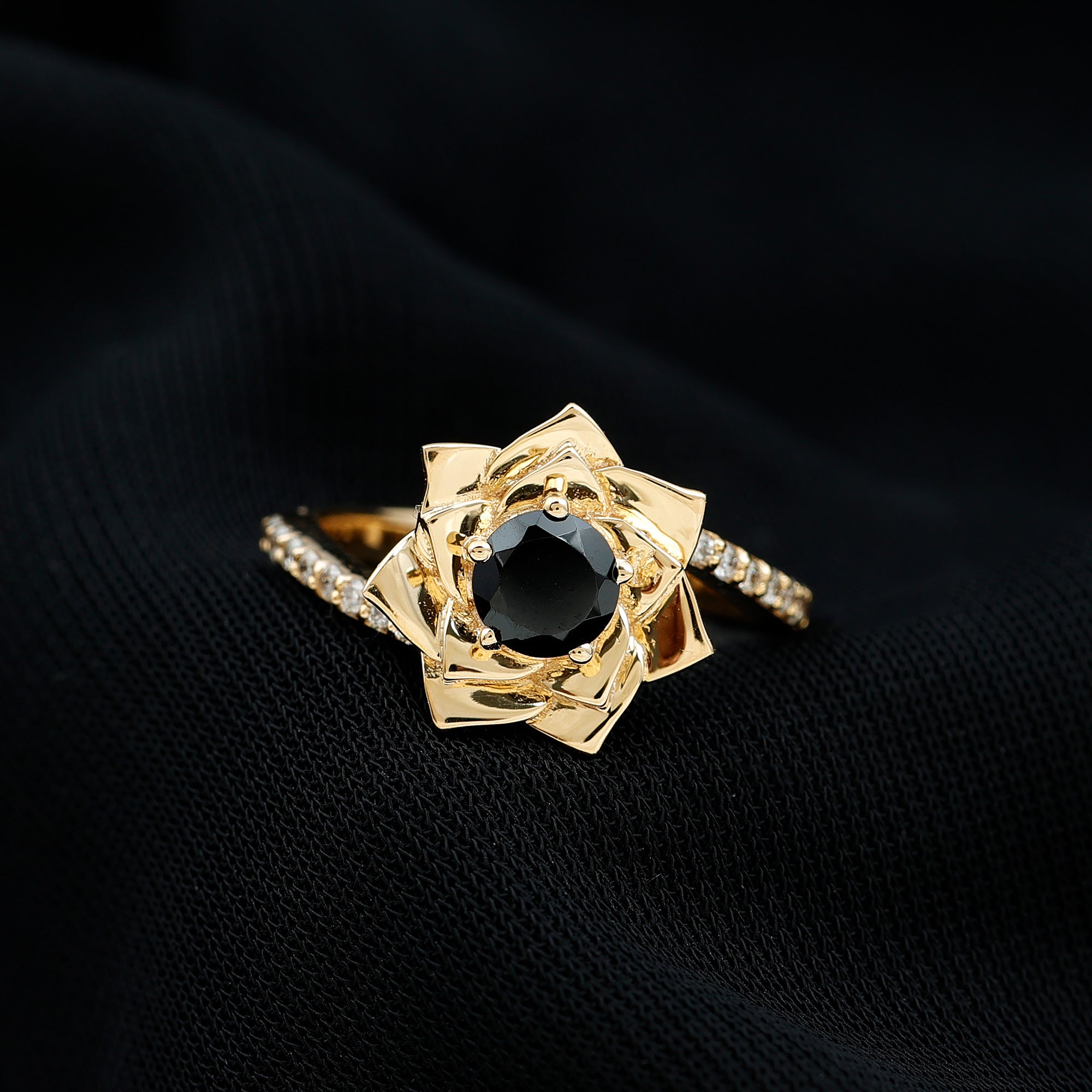 Rosec Jewels-Black Onyx and Diamond Flower Engagement Ring with Bypass Shank