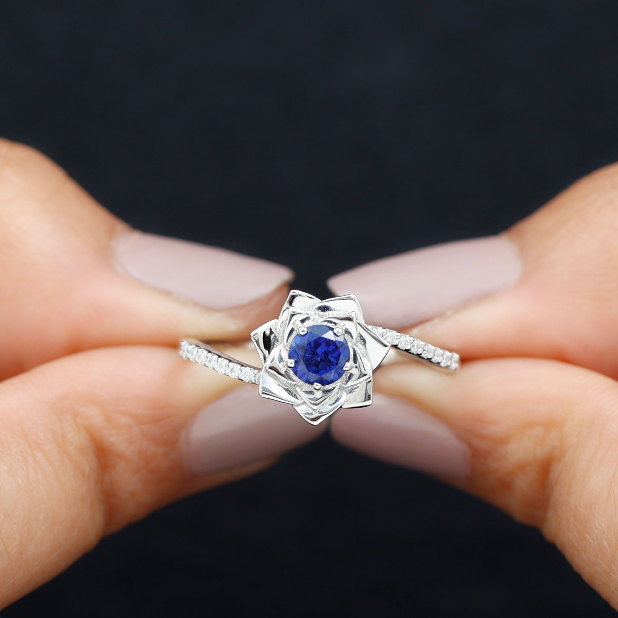 Rosec Jewels-Lab Grown Blue Sapphire and Diamond Flower Bypass Ring