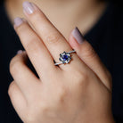 Rosec Jewels-Lab Grown Blue Sapphire and Diamond Flower Bypass Ring