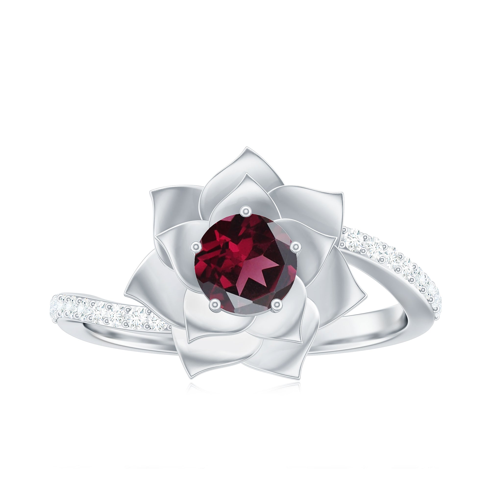 Rosec Jewels-Real Rhodolite and Diamond Flower Ring with Bypass Shank