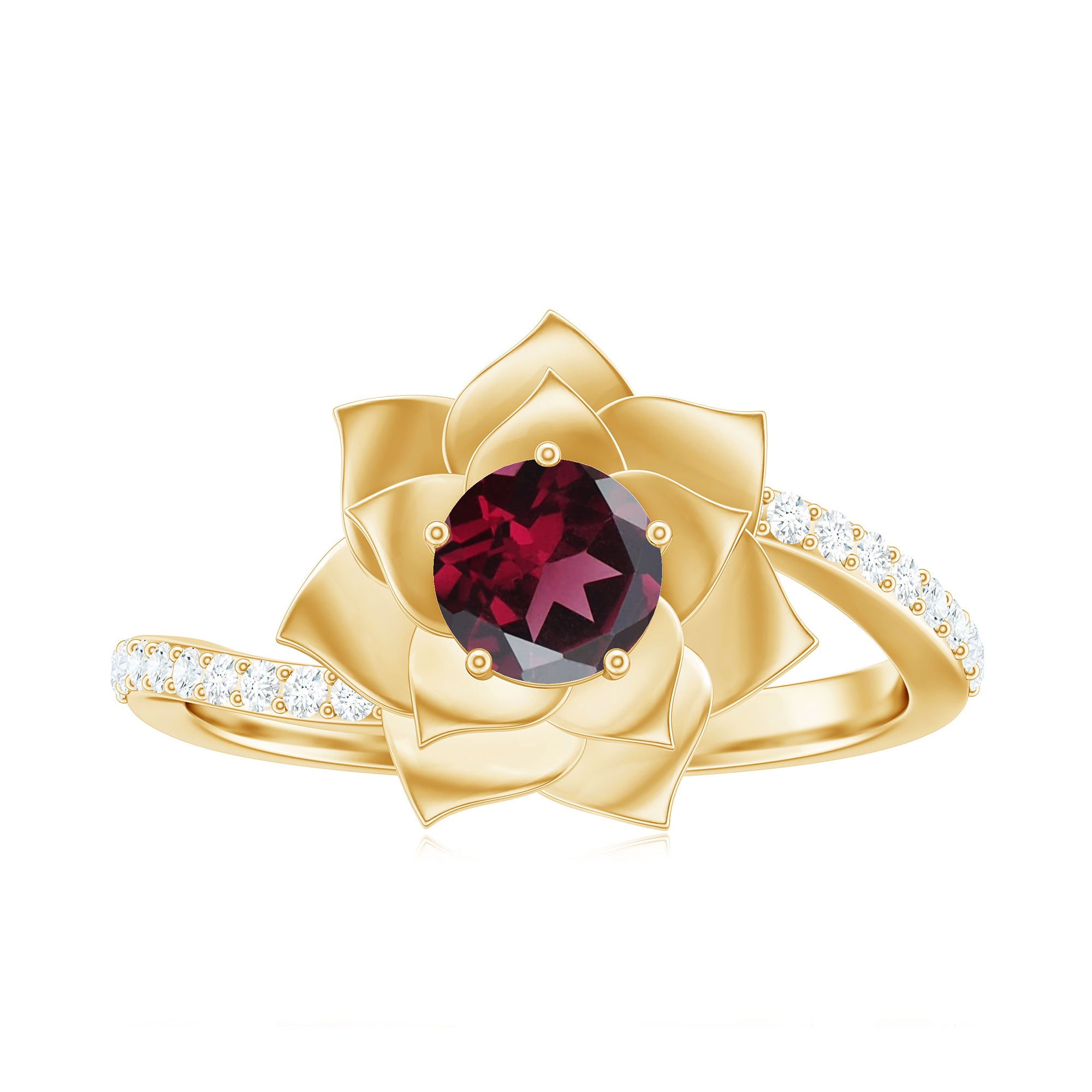 Rosec Jewels-Real Rhodolite and Diamond Flower Ring with Bypass Shank