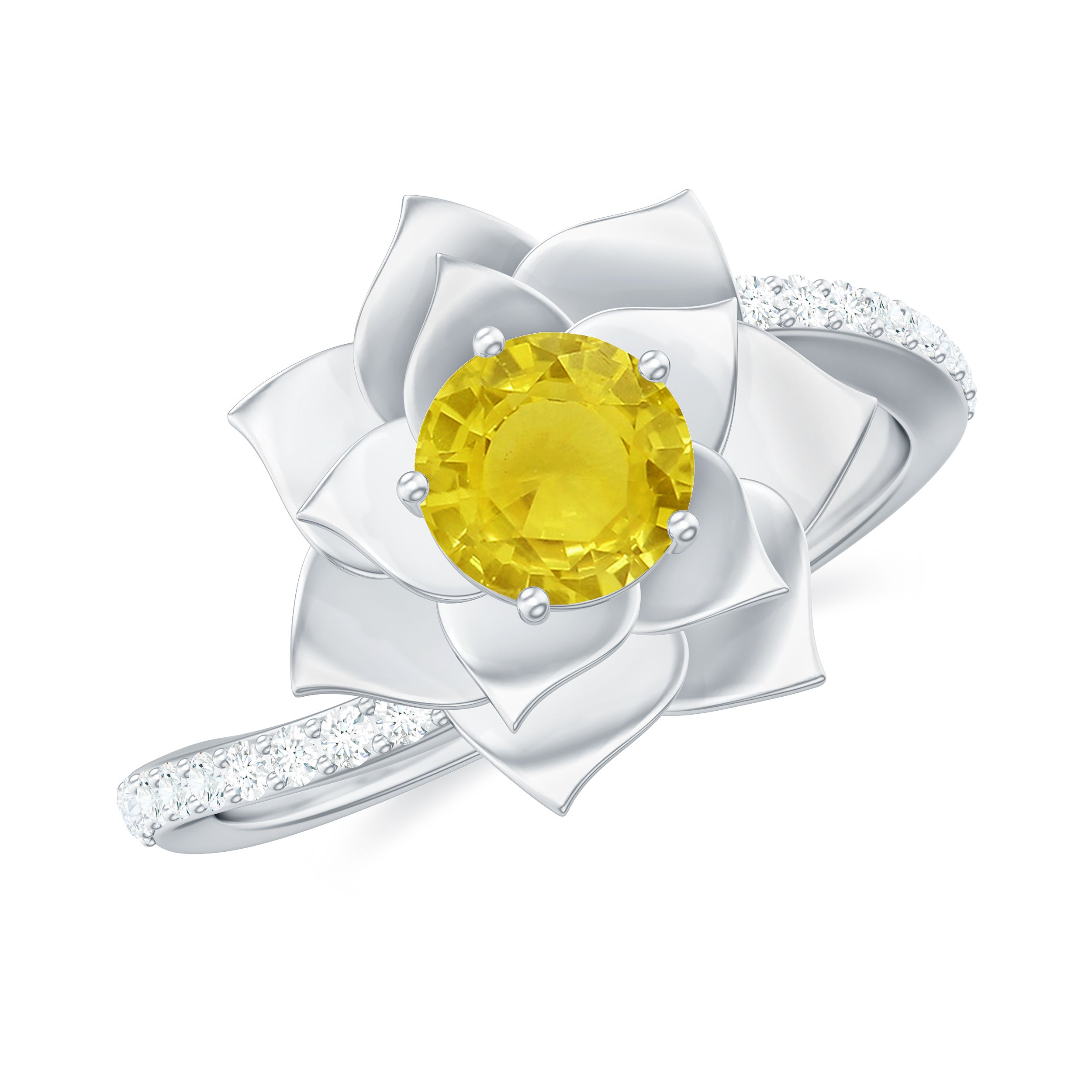 Rosec Jewels-Round Yellow Sapphire Flower Bypass Ring with Diamond