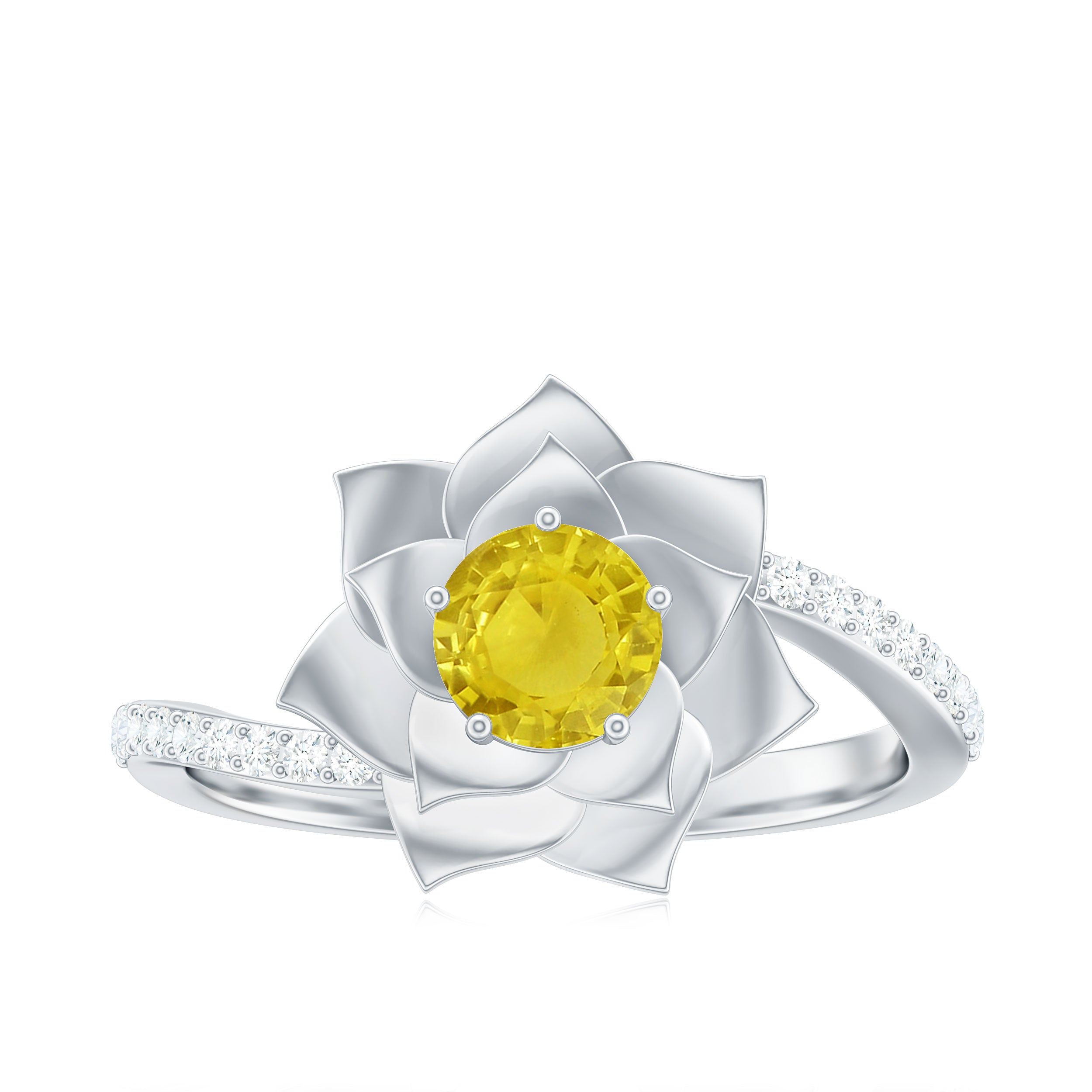 Rosec Jewels-Round Yellow Sapphire Flower Bypass Ring with Diamond