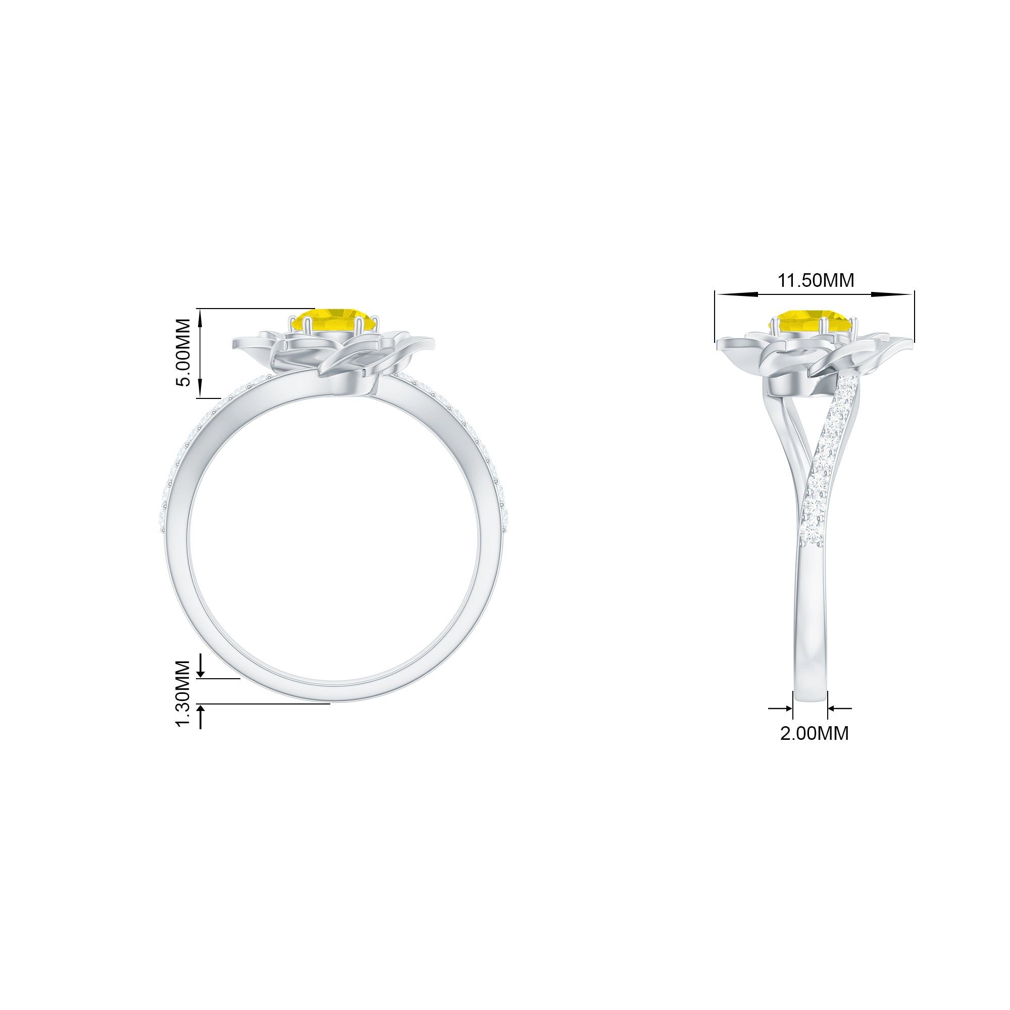 Rosec Jewels-Round Yellow Sapphire Flower Bypass Ring with Diamond