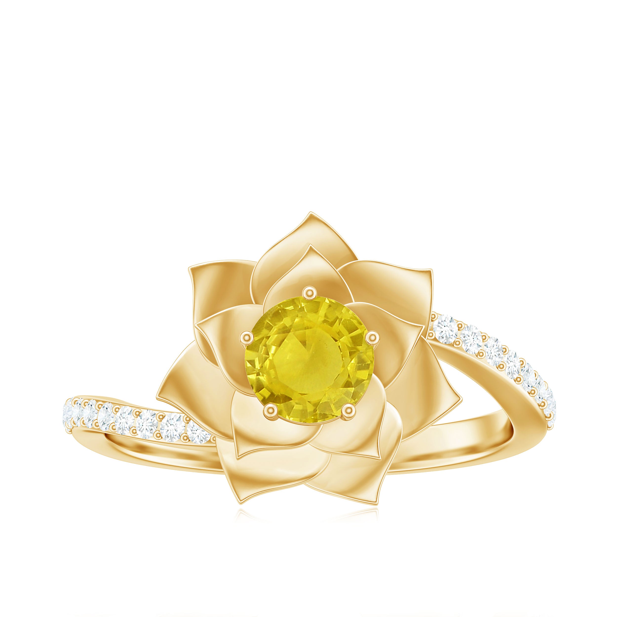 Rosec Jewels-Round Yellow Sapphire Flower Bypass Ring with Diamond