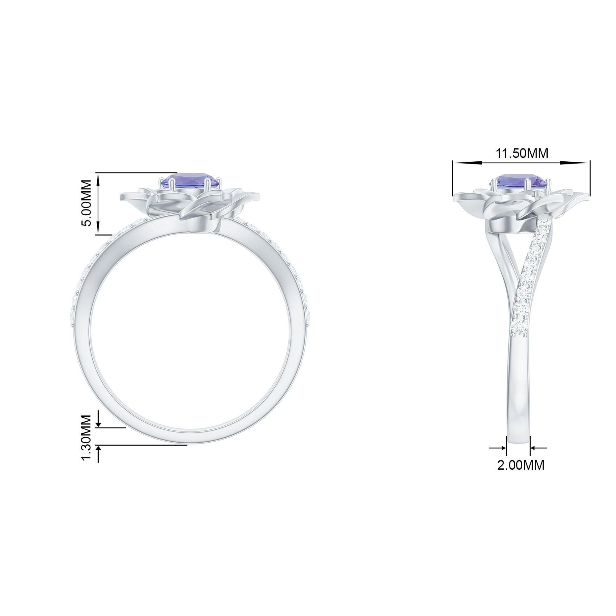 Rosec Jewels-Real Tanzanite and Diamond Flower Ring in Bypass Shank