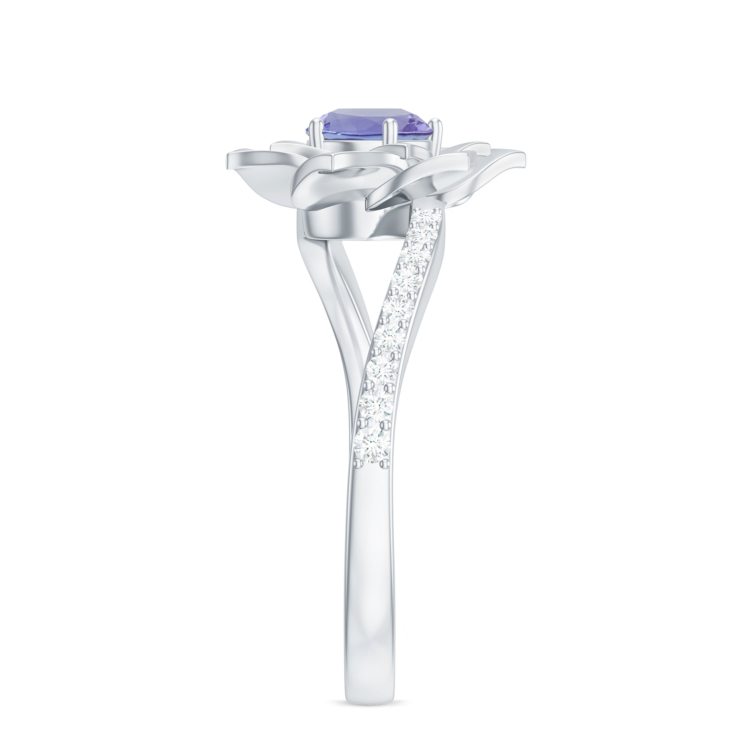 Rosec Jewels-Real Tanzanite and Diamond Flower Ring in Bypass Shank