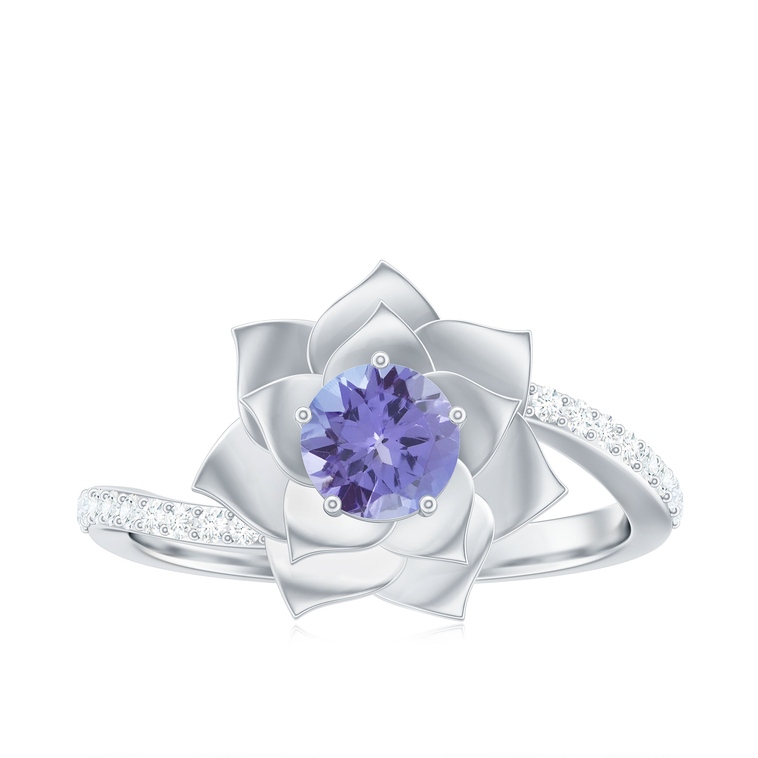 Rosec Jewels-Real Tanzanite and Diamond Flower Ring in Bypass Shank