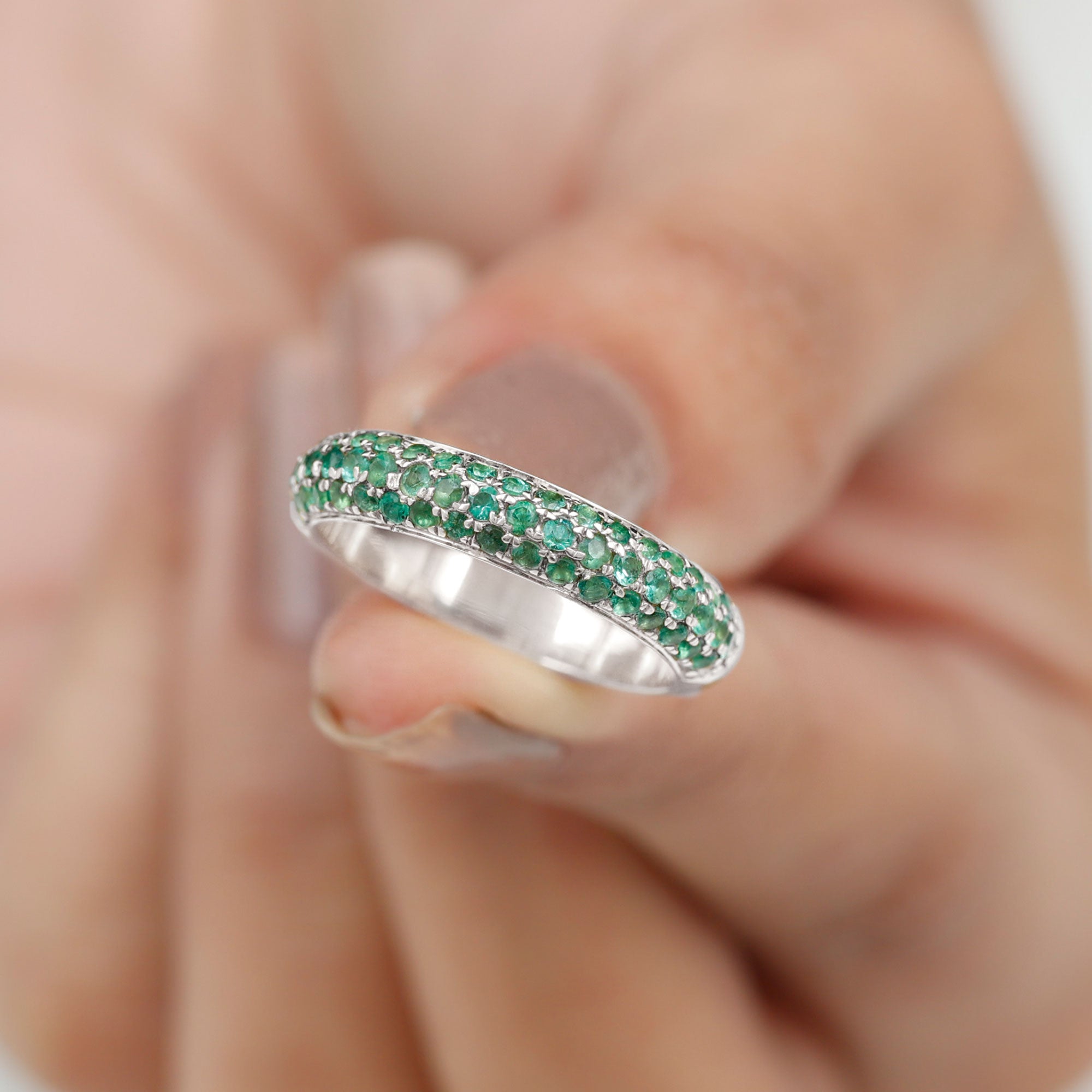 Rosec Jewels-Pave Set Emerald Simple Half Eternity Band Ring