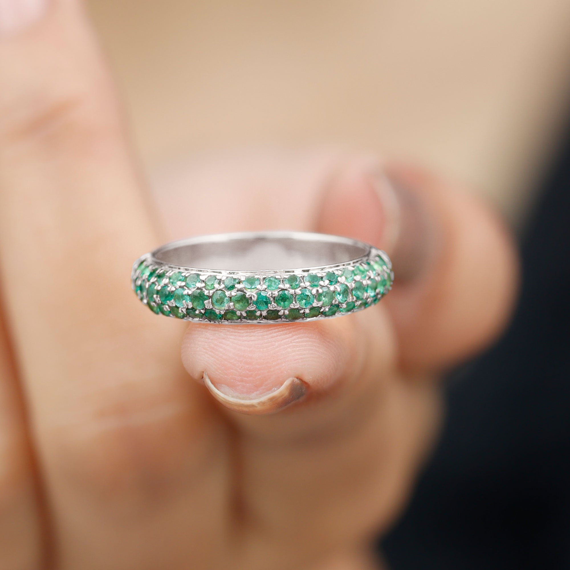 Rosec Jewels-Pave Set Emerald Simple Half Eternity Band Ring