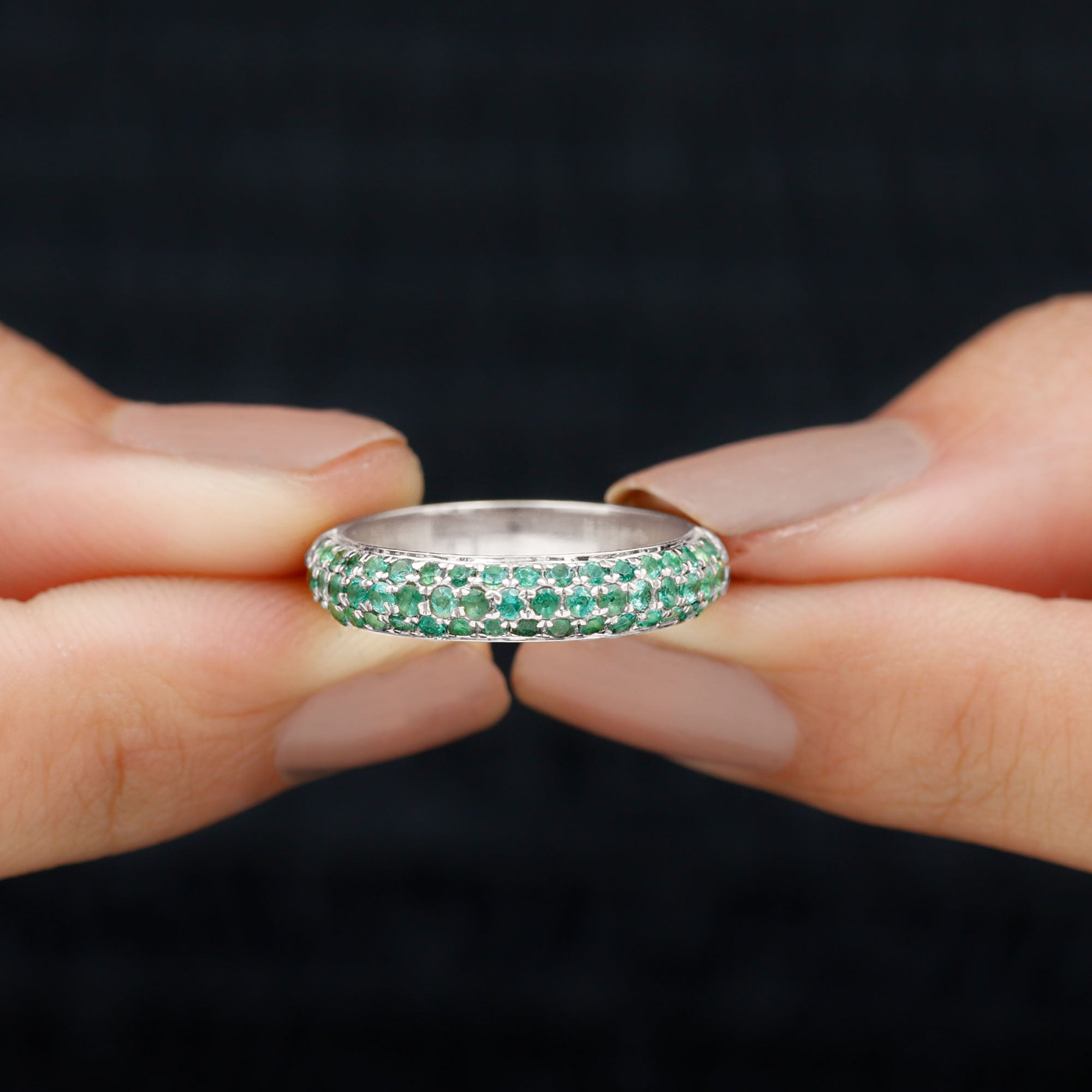 Rosec Jewels-Pave Set Emerald Simple Half Eternity Band Ring