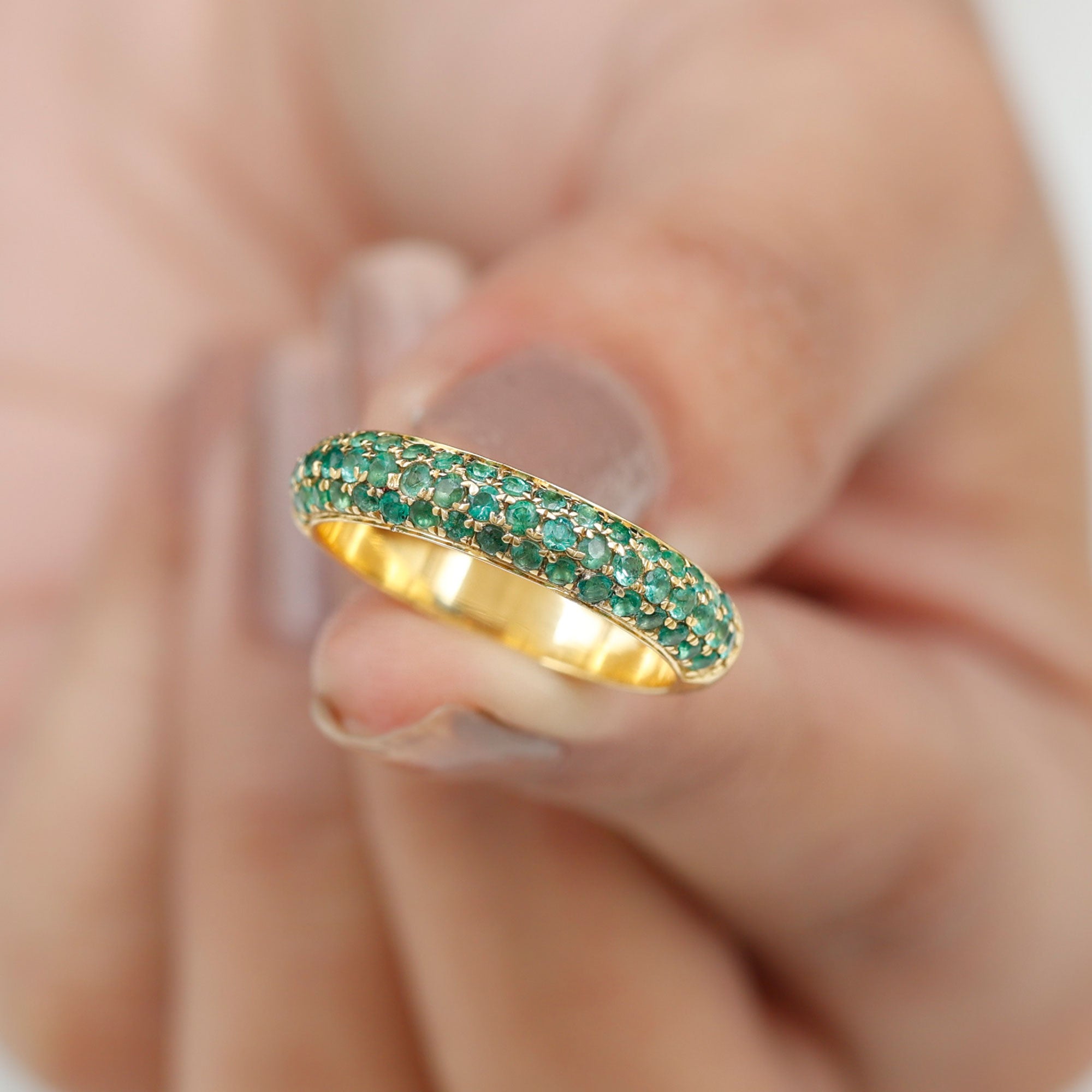 Rosec Jewels-Pave Set Emerald Simple Half Eternity Band Ring