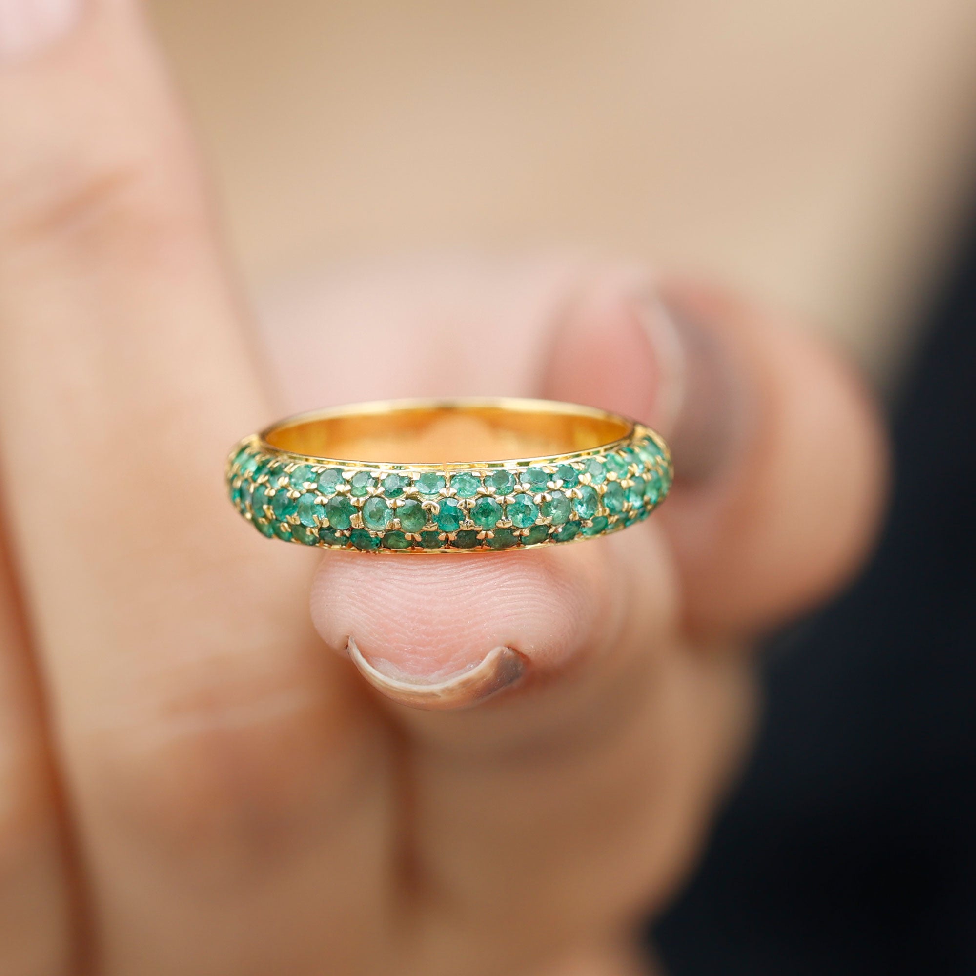 Rosec Jewels-Pave Set Emerald Simple Half Eternity Band Ring