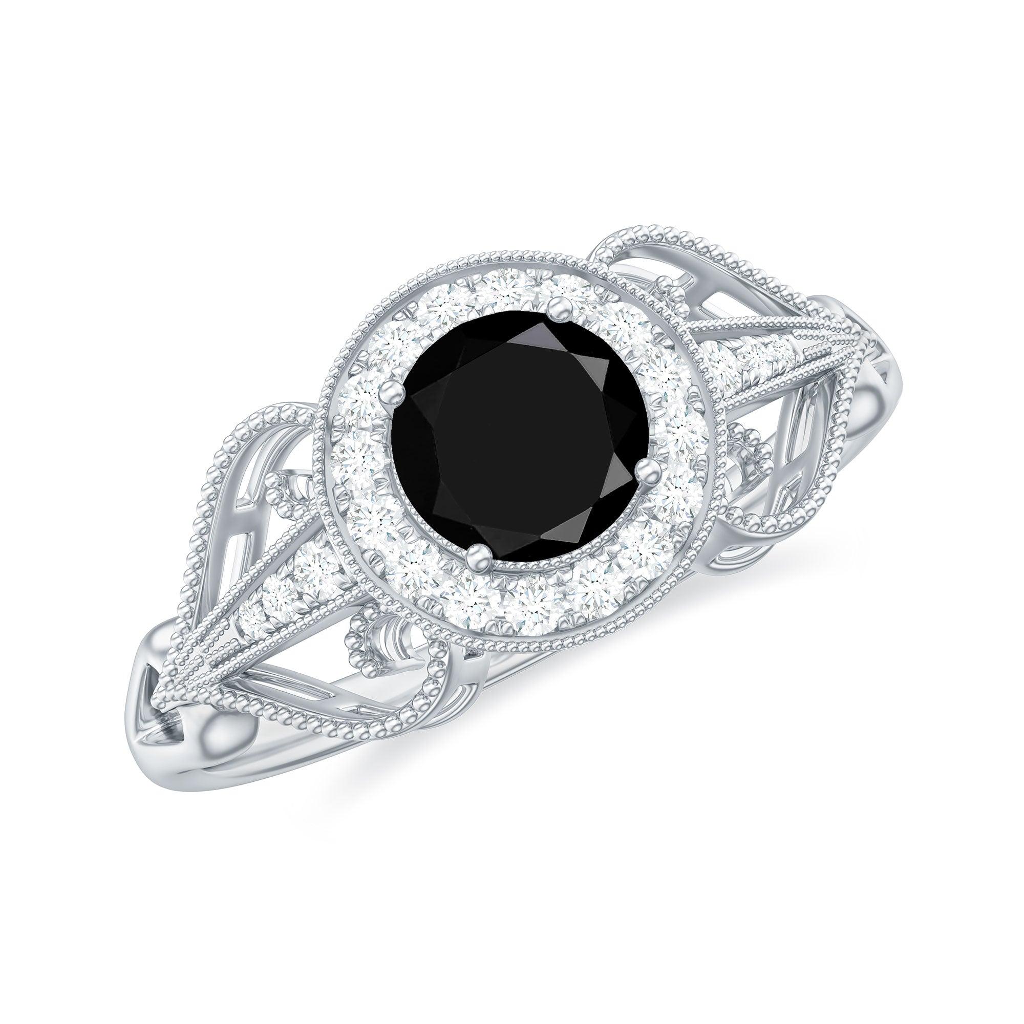 Rosec Jewels-Black Onyx and Diamond Vintage Inspired Engagement Ring with Beaded Details