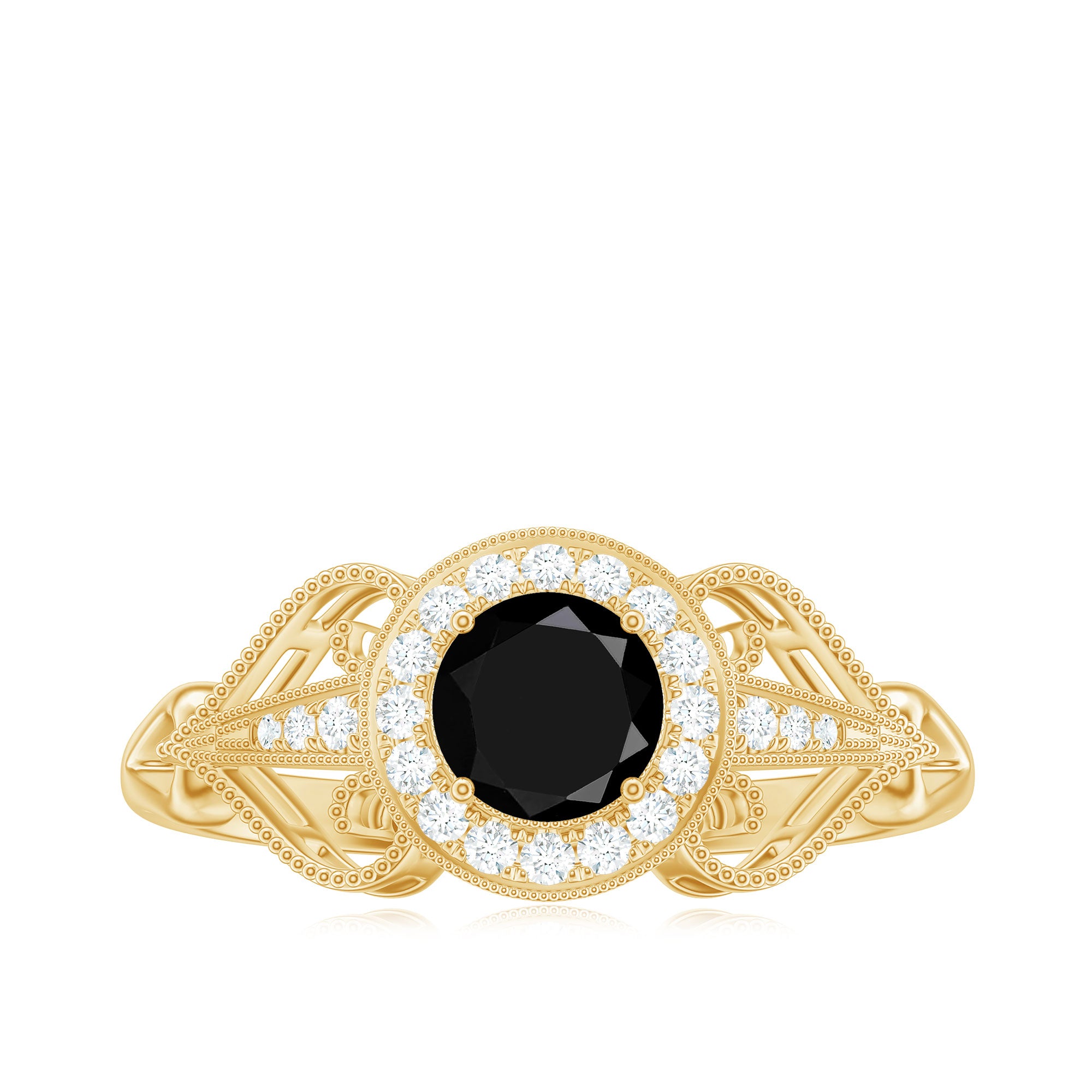 Rosec Jewels-Black Onyx and Diamond Vintage Inspired Engagement Ring with Beaded Details