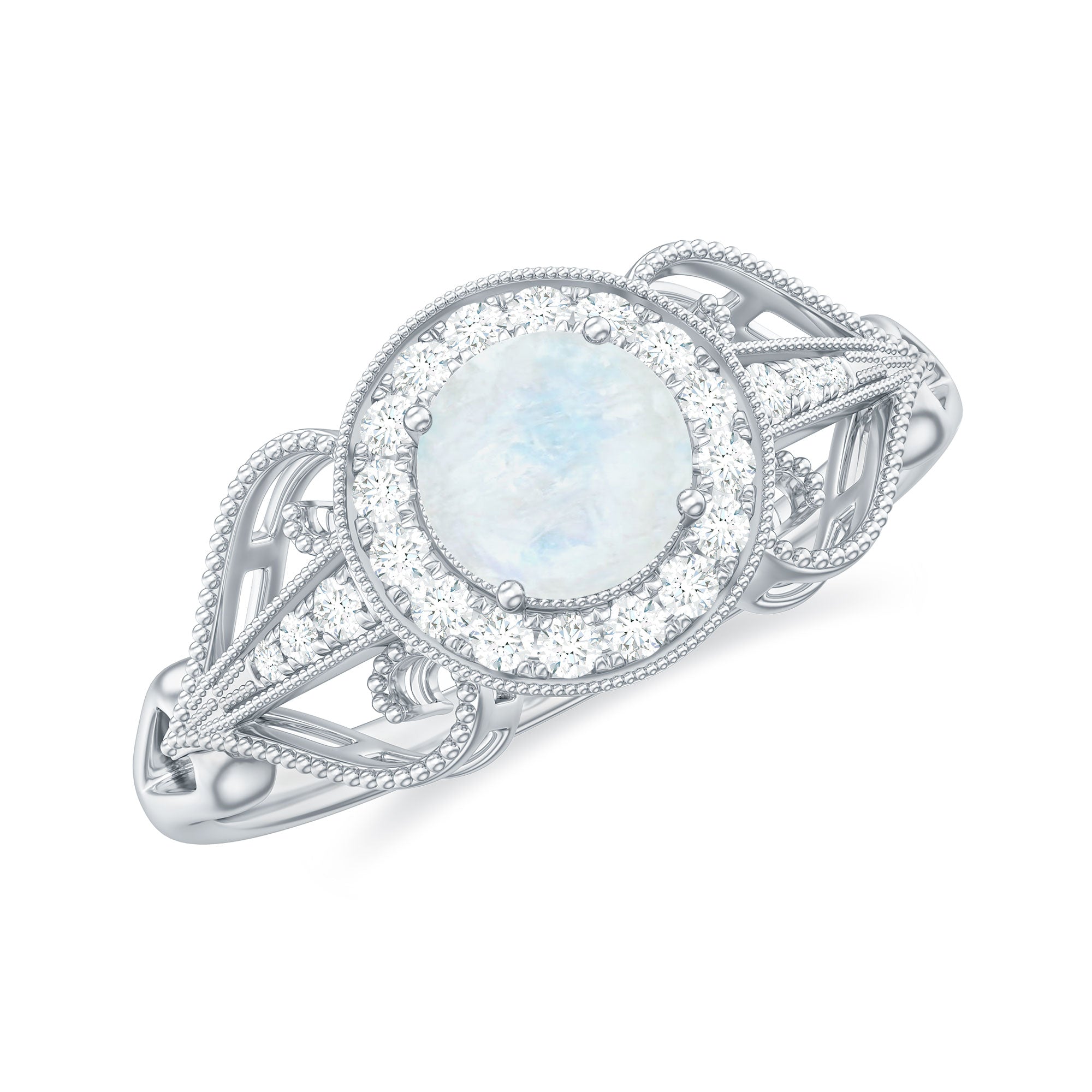 Rosec Jewels-Vintage Moonstone Diamond Engagement Ring with Beaded Detail