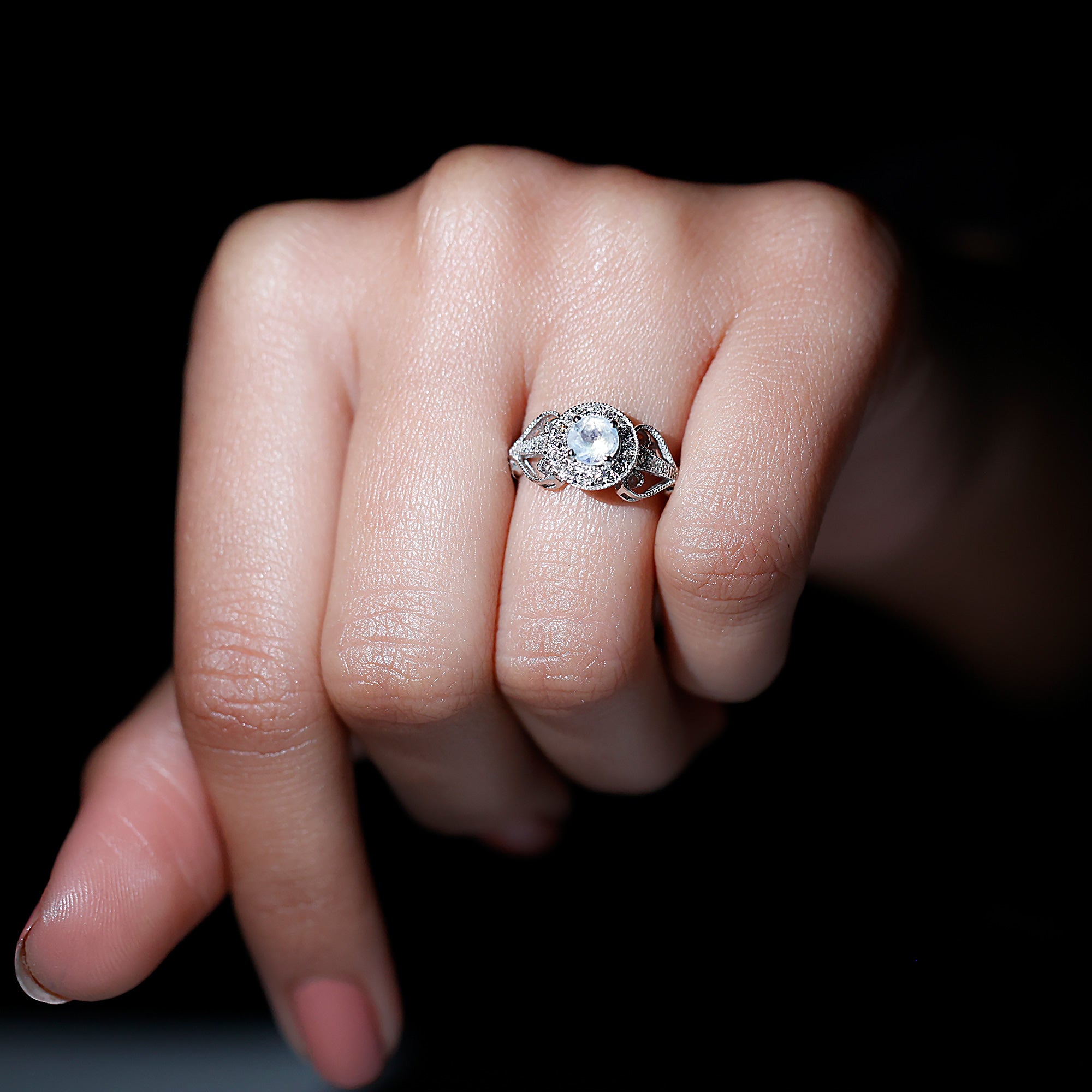 Rosec Jewels-Vintage Moonstone Diamond Engagement Ring with Beaded Detail