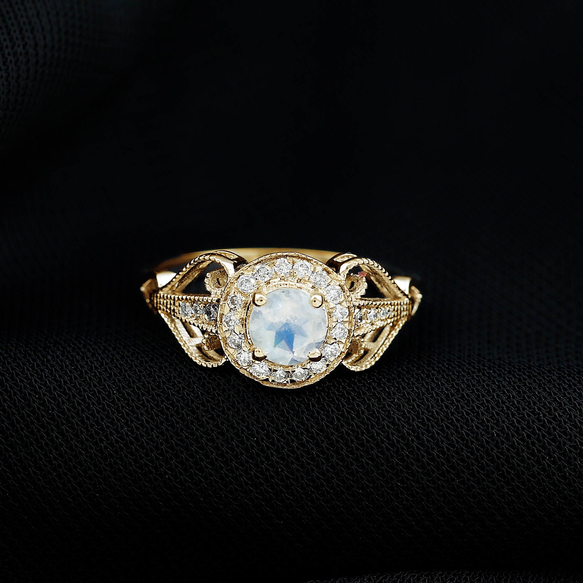 Rosec Jewels-Vintage Moonstone Diamond Engagement Ring with Beaded Detail