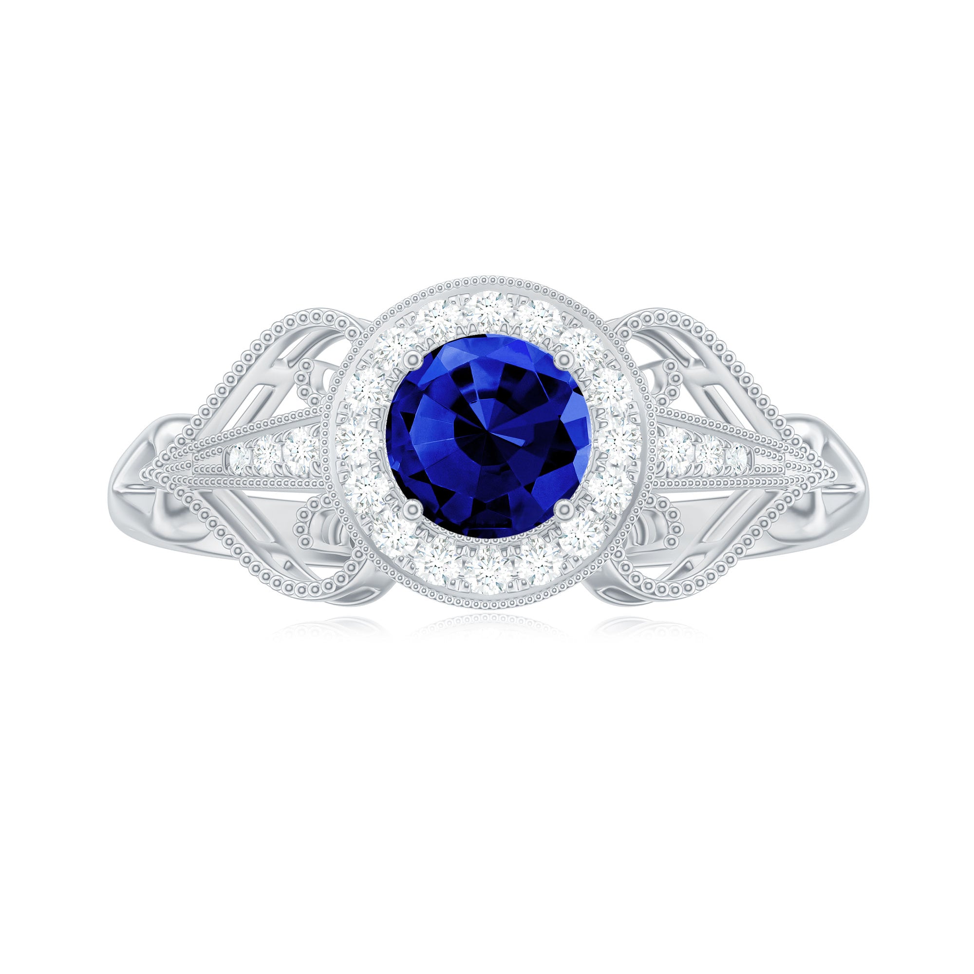 Rosec Jewels-Vintage Created Blue Sapphire Diamond Beaded Engagement Ring