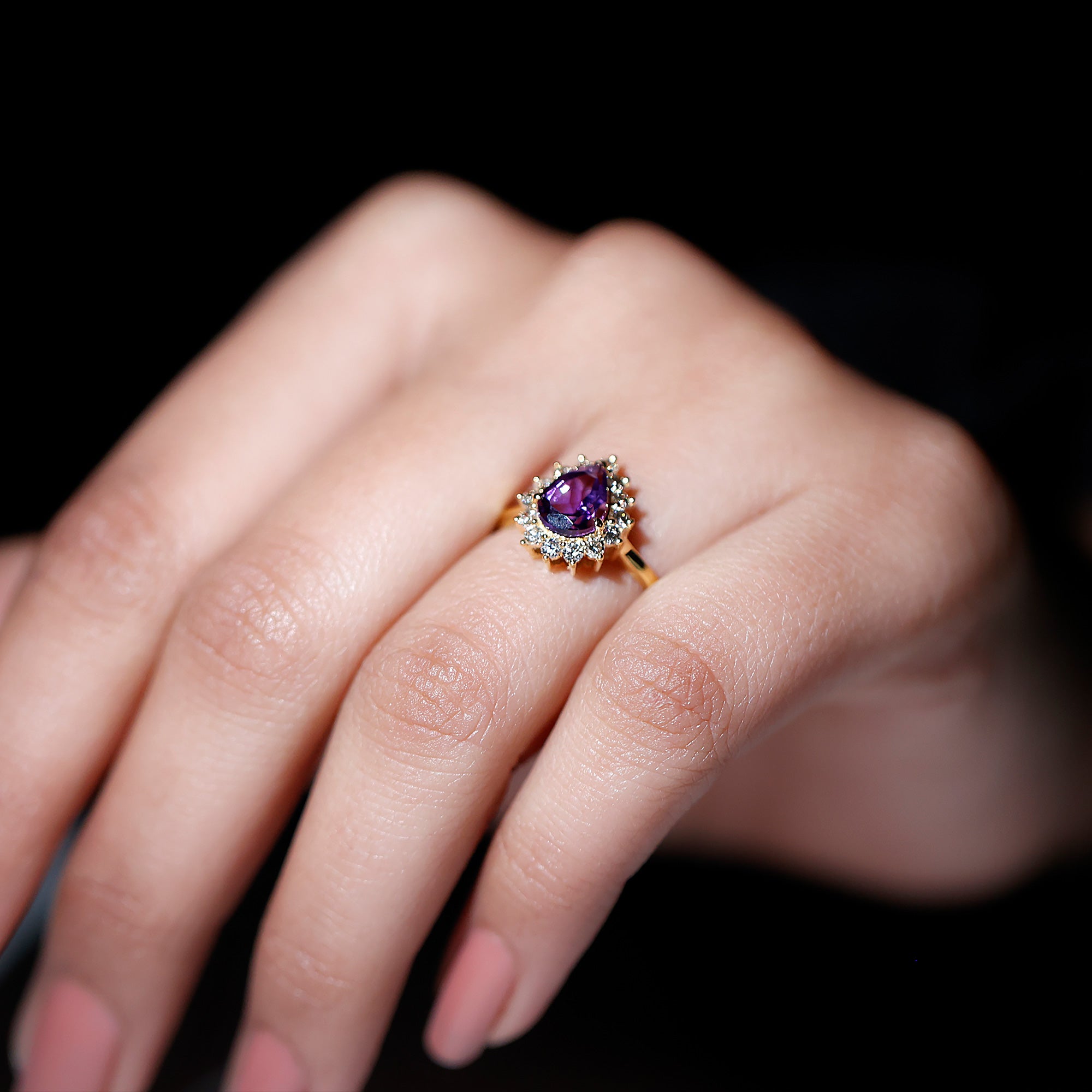 Rosec Jewels-Pear Shape Amethyst Teardrop Ring with Diamond Halo