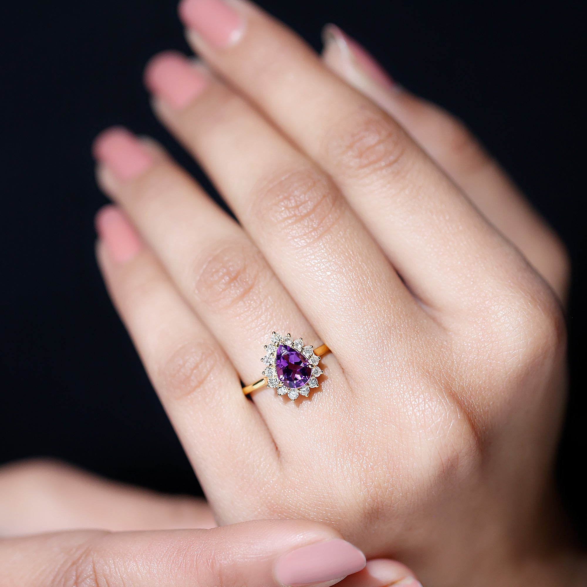 Rosec Jewels-Pear Shape Amethyst Teardrop Ring with Diamond Halo