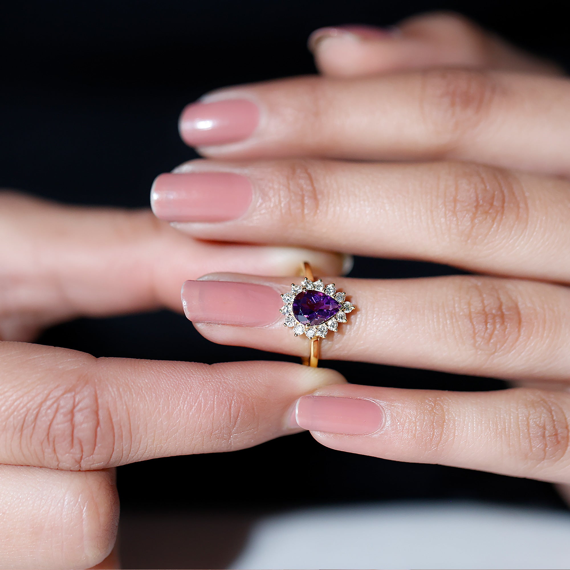 Rosec Jewels-Pear Shape Amethyst Teardrop Ring with Diamond Halo