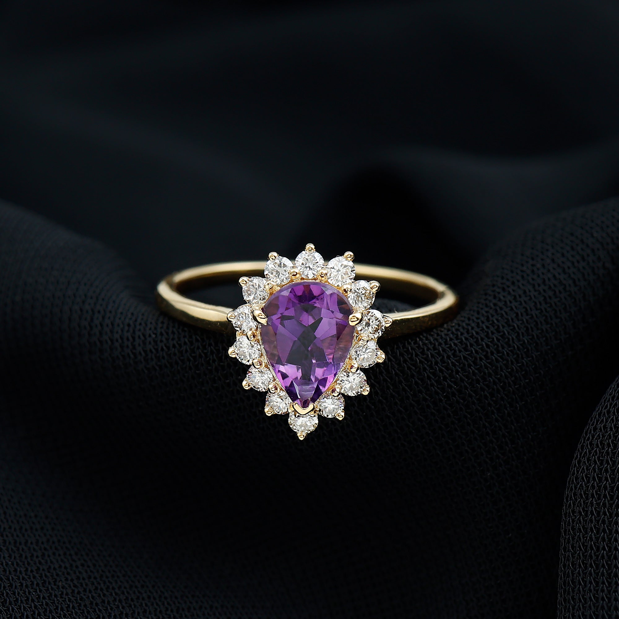 Rosec Jewels-Pear Shape Amethyst Teardrop Ring with Diamond Halo