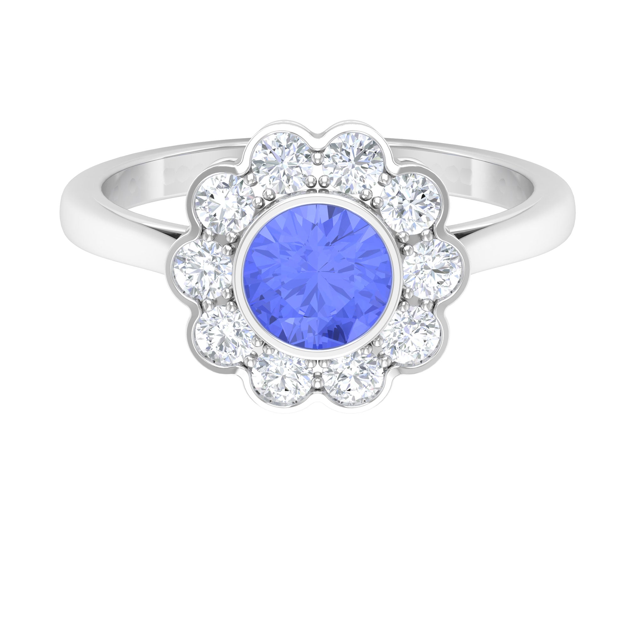 Rosec Jewels-Bezel Set Tanzanite and Diamond Flower Halo Engagement Ring