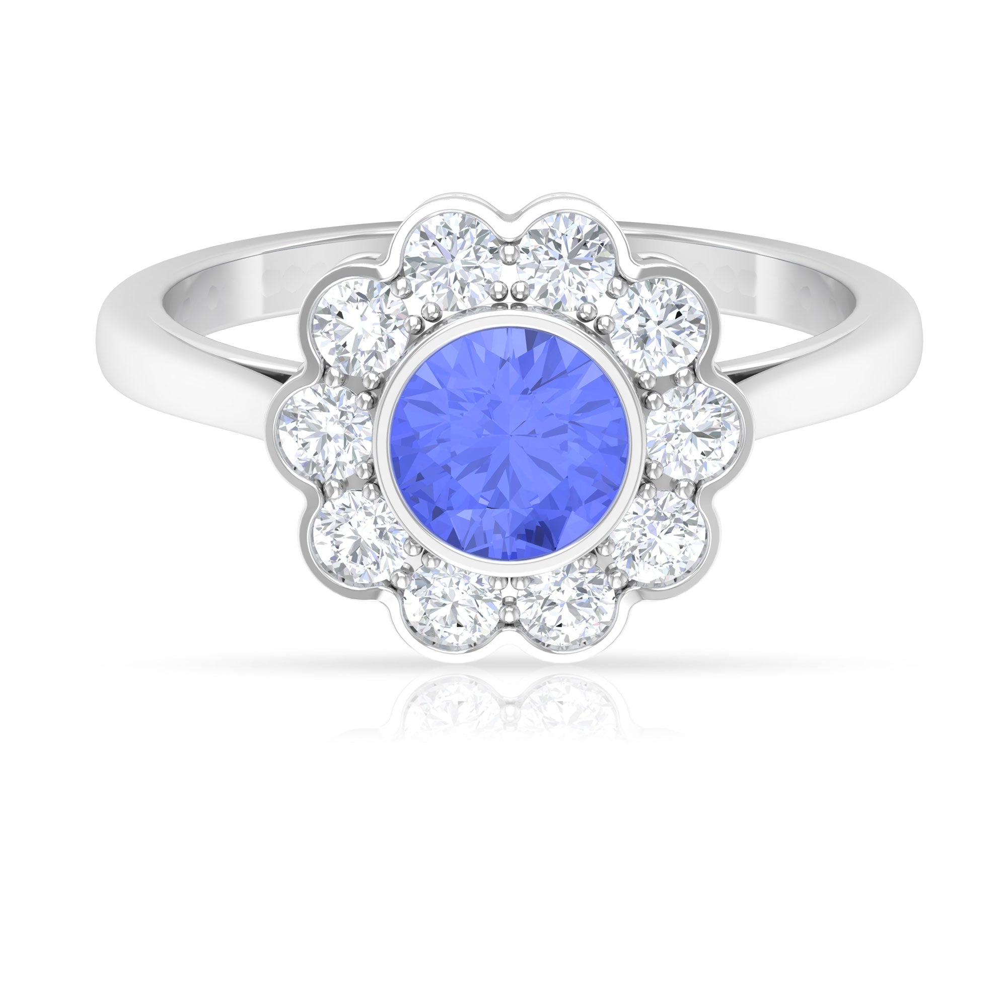 Rosec Jewels-Bezel Set Tanzanite and Diamond Flower Halo Engagement Ring