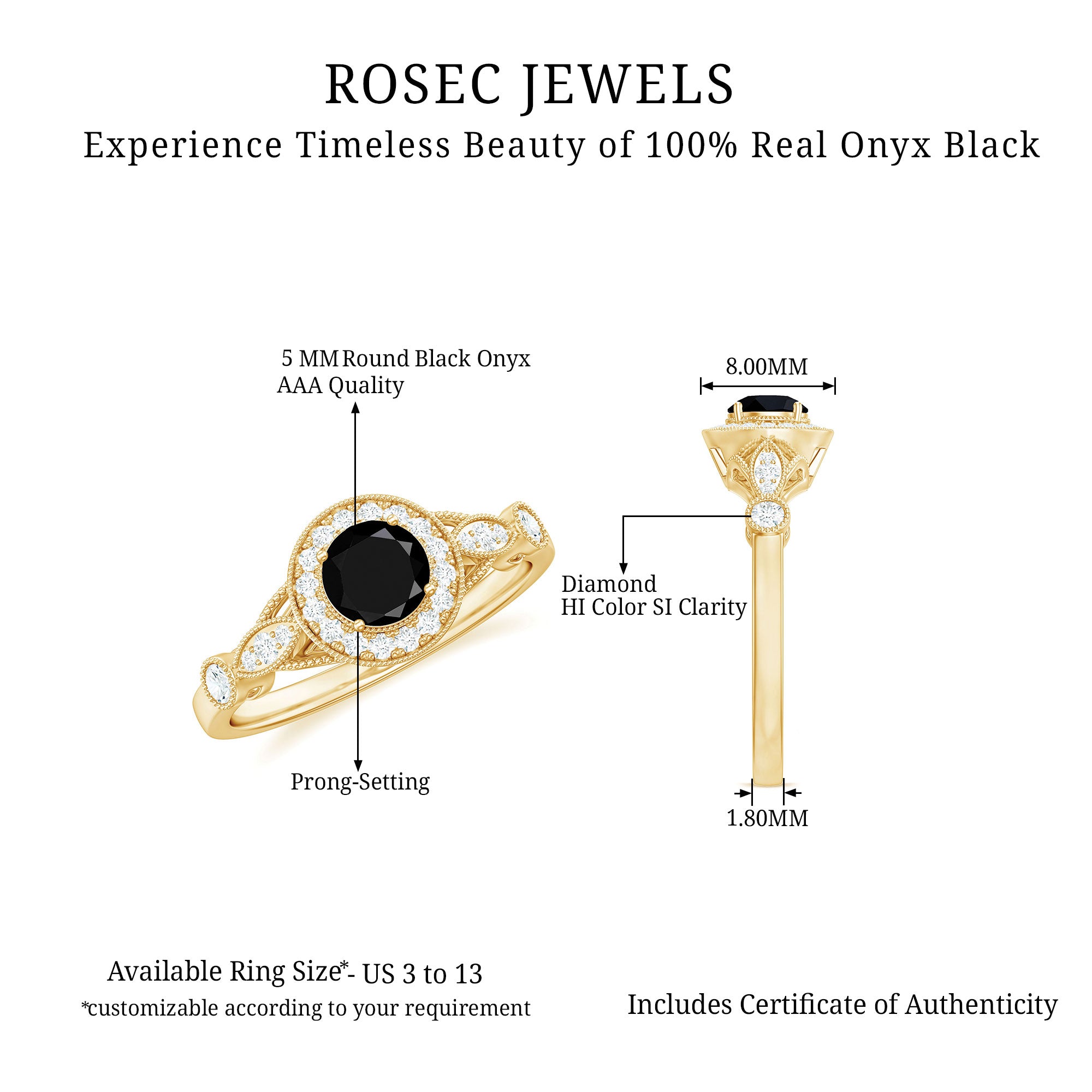 Rosec Jewels-Black Onyx and Diamond Antique Style Engagement Ring in Gold