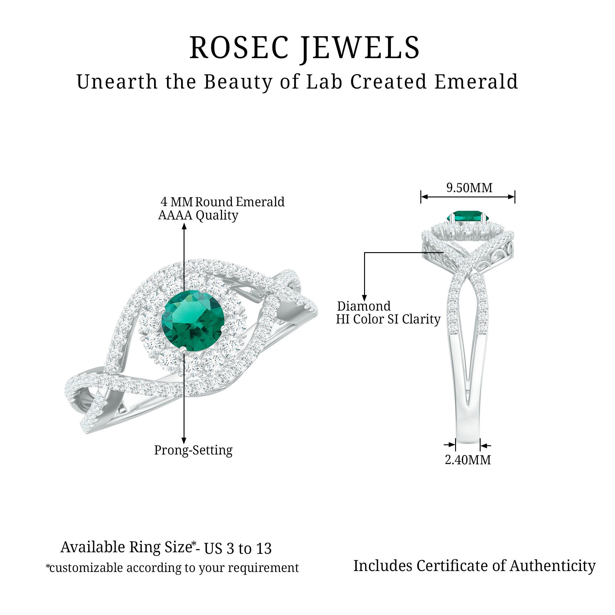 Rosec Jewels-Lab Grown Emerald and Diamond Crossover Ring