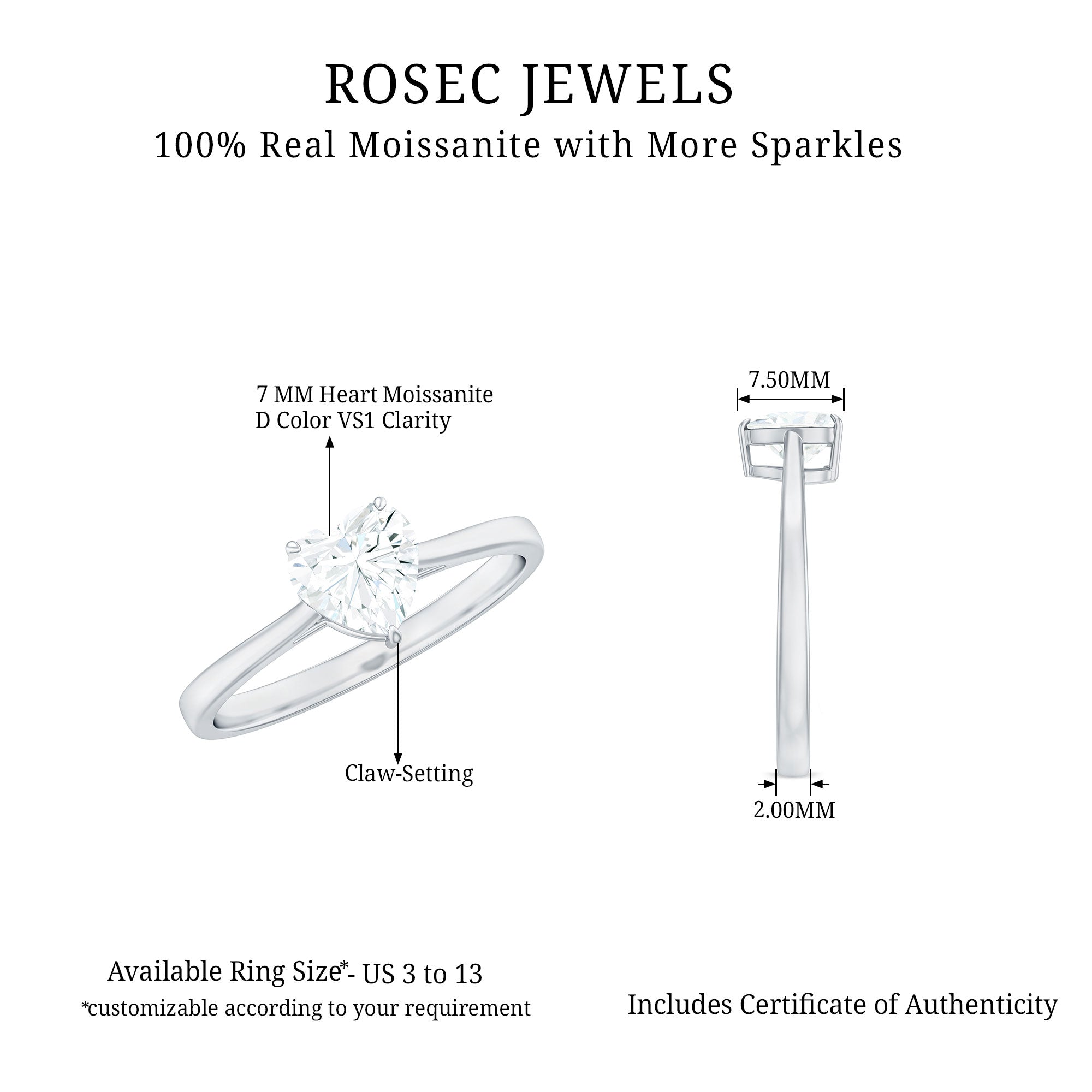 Rosec Jewels-Heart Shape Simple Solitaire Ring with Moissanite