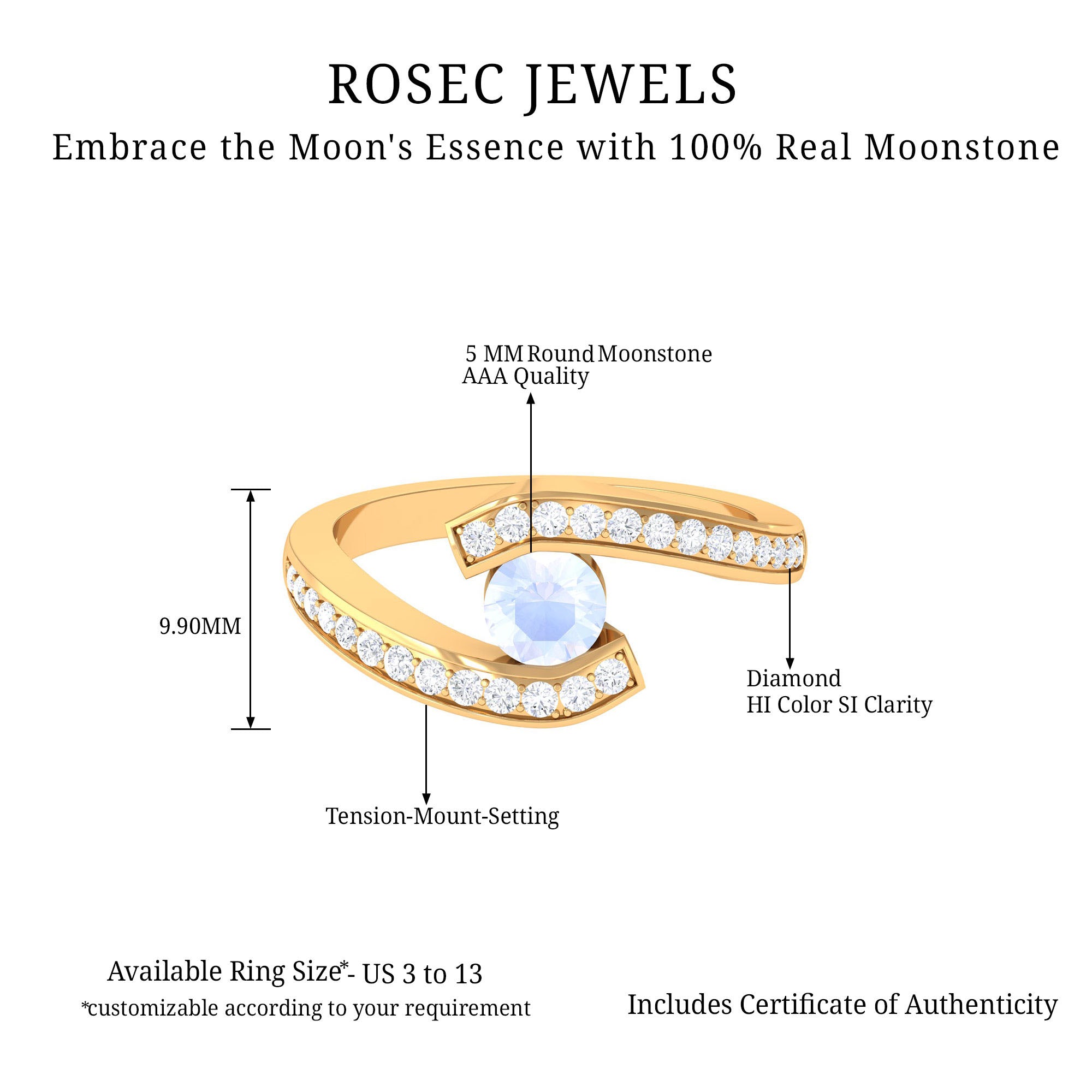 Rosec Jewels-Moonstone Bypass Engagement Ring with Diamond