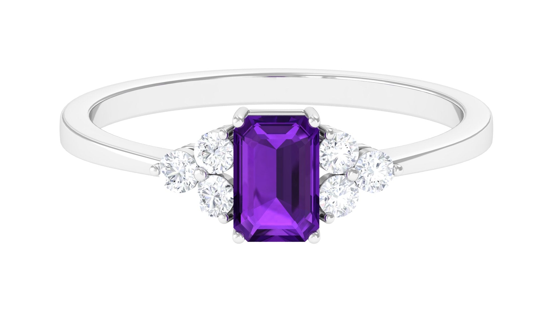 Rosec Jewels-Octagon Cut Amethyst Solitaire Ring with Diamond Trio