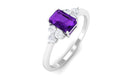 Rosec Jewels-Octagon Cut Amethyst Solitaire Ring with Diamond Trio