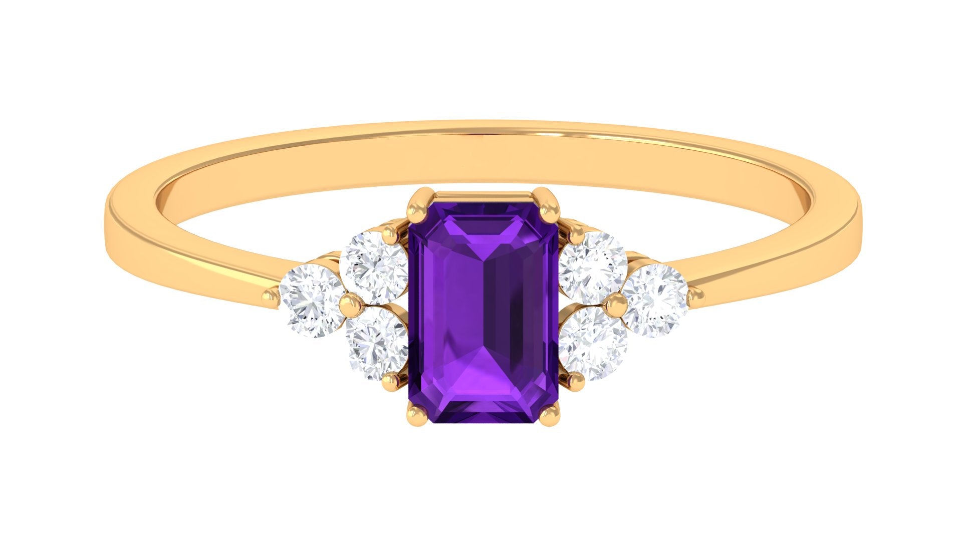 Rosec Jewels-Octagon Cut Amethyst Solitaire Ring with Diamond Trio