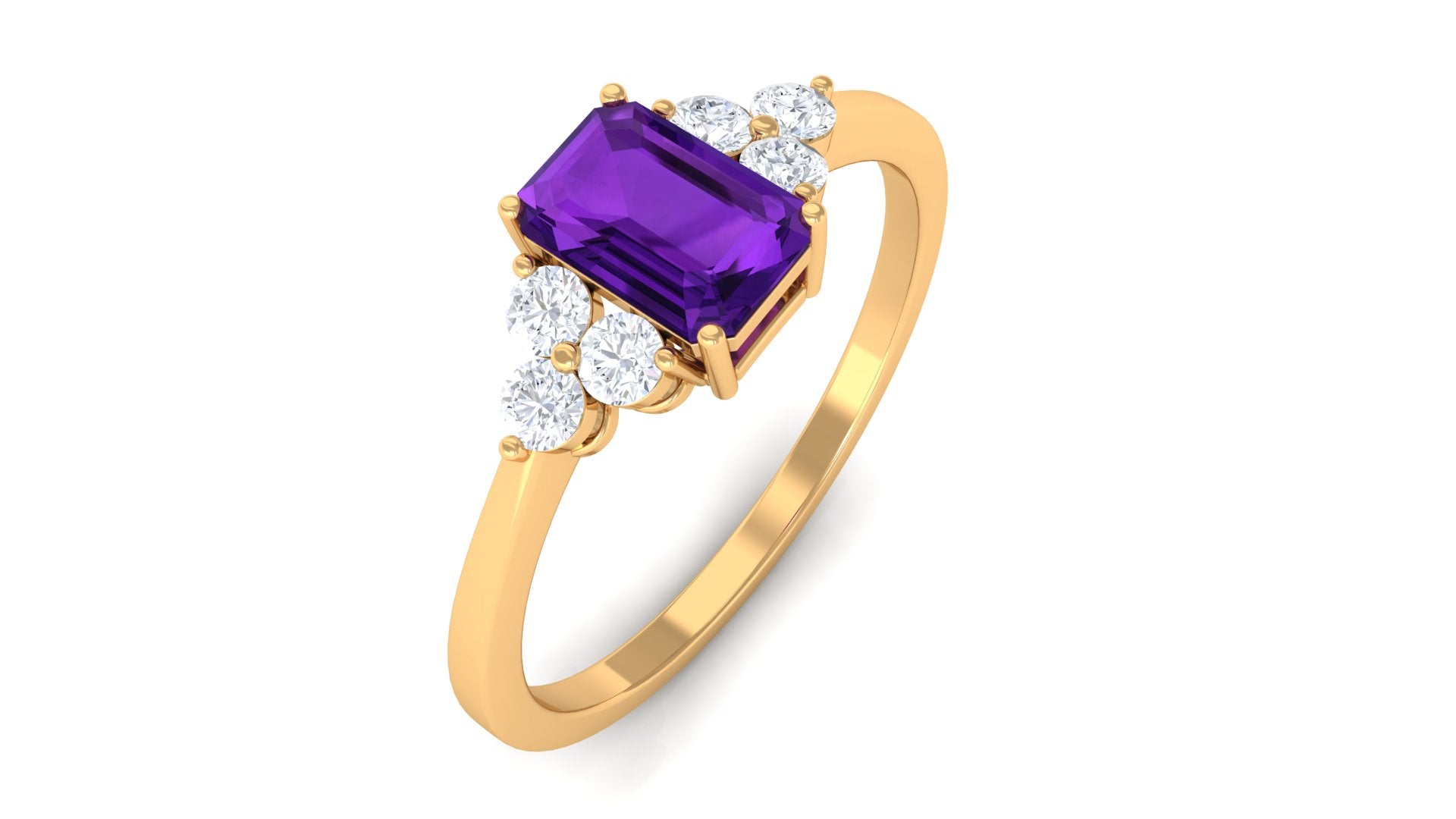 Rosec Jewels-Octagon Cut Amethyst Solitaire Ring with Diamond Trio