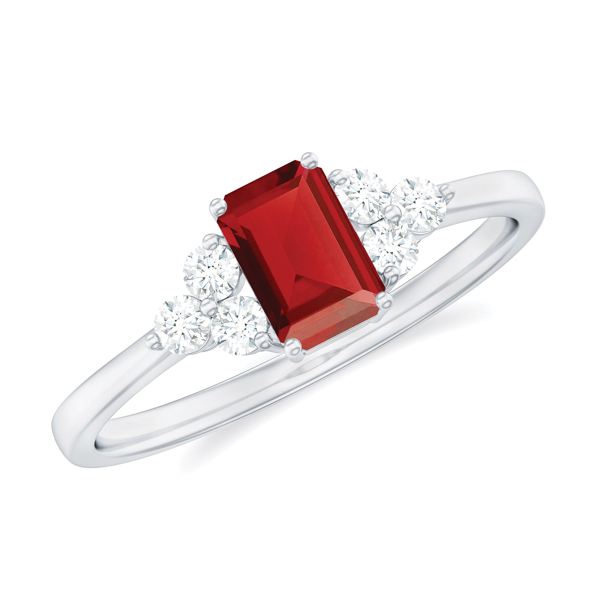 Rosec Jewels-1 CT Octagon Cut Lab Grown Ruby Solitaire Ring with Diamond Trio