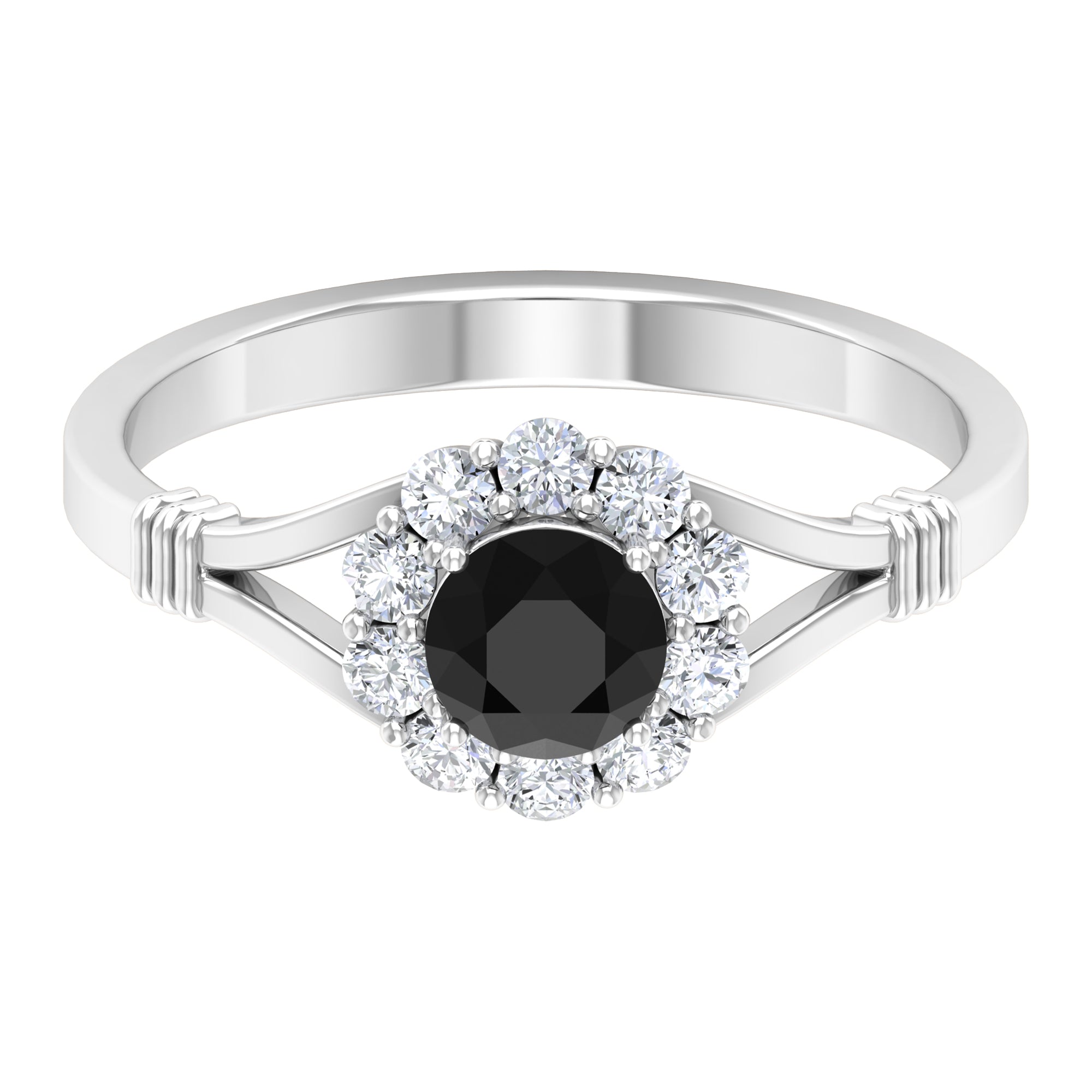 Rosec Jewels-Black Onyx and Diamond Flower Halo Ring with Split Shank