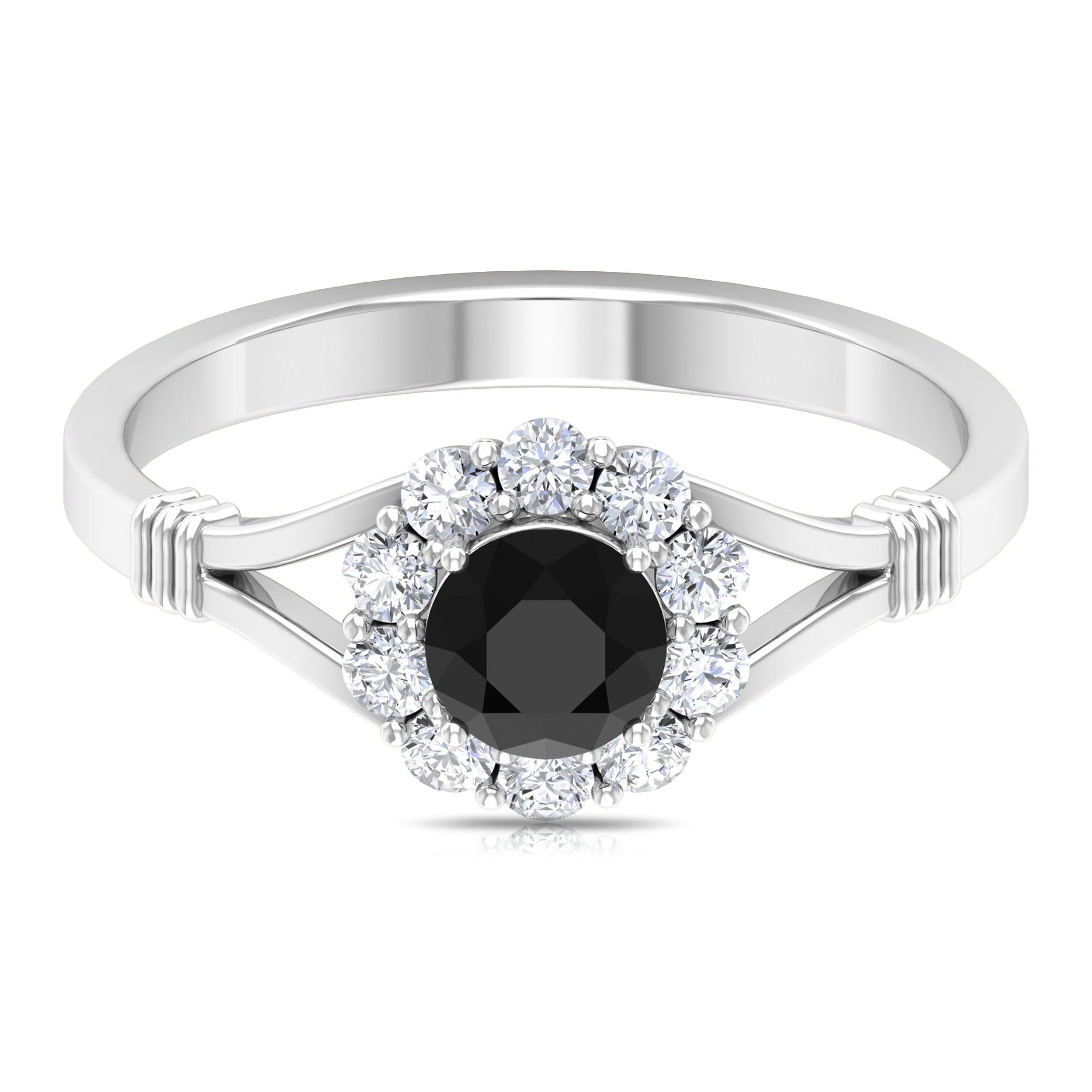 Rosec Jewels-Black Onyx and Diamond Flower Halo Ring with Split Shank