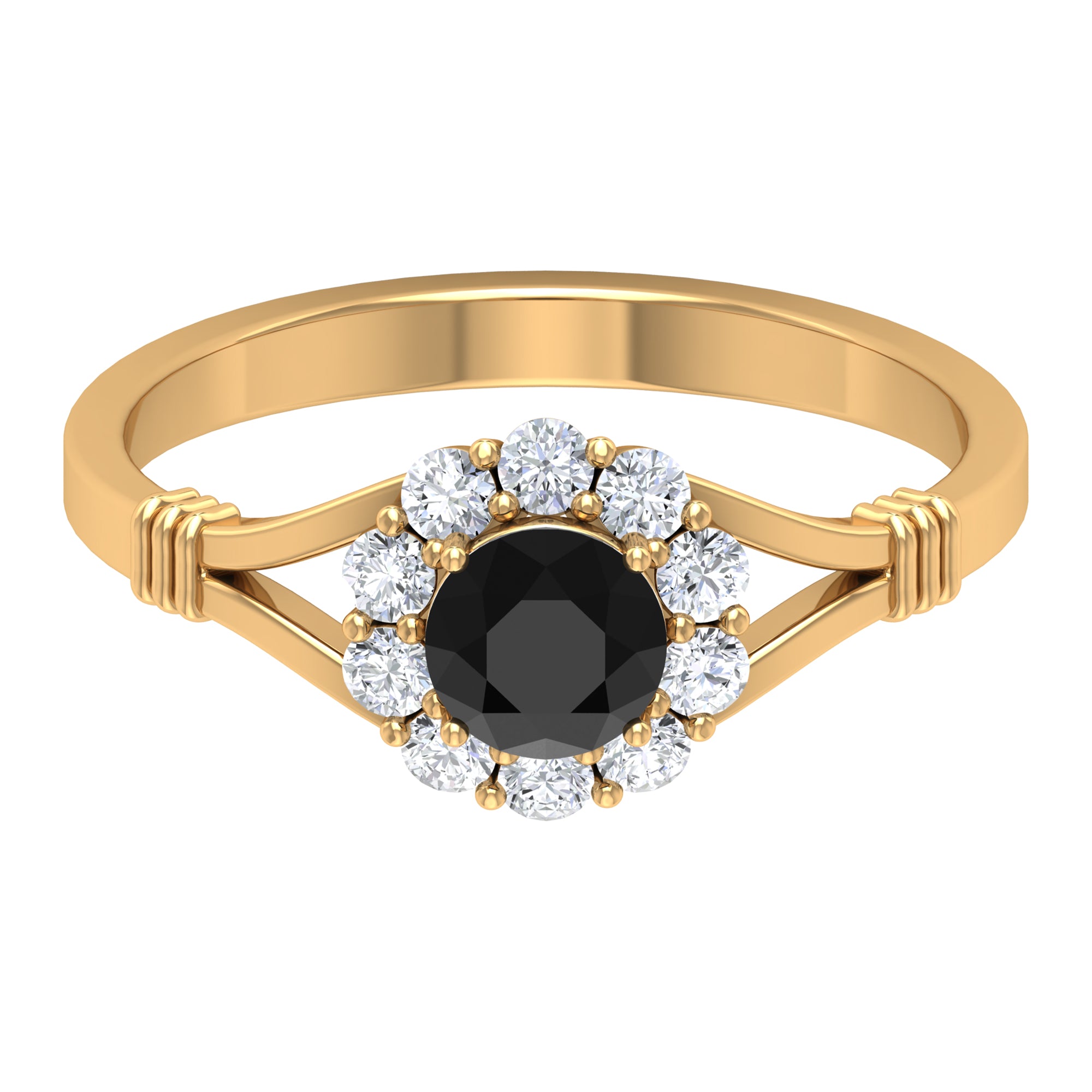 Rosec Jewels-Black Onyx and Diamond Flower Halo Ring with Split Shank