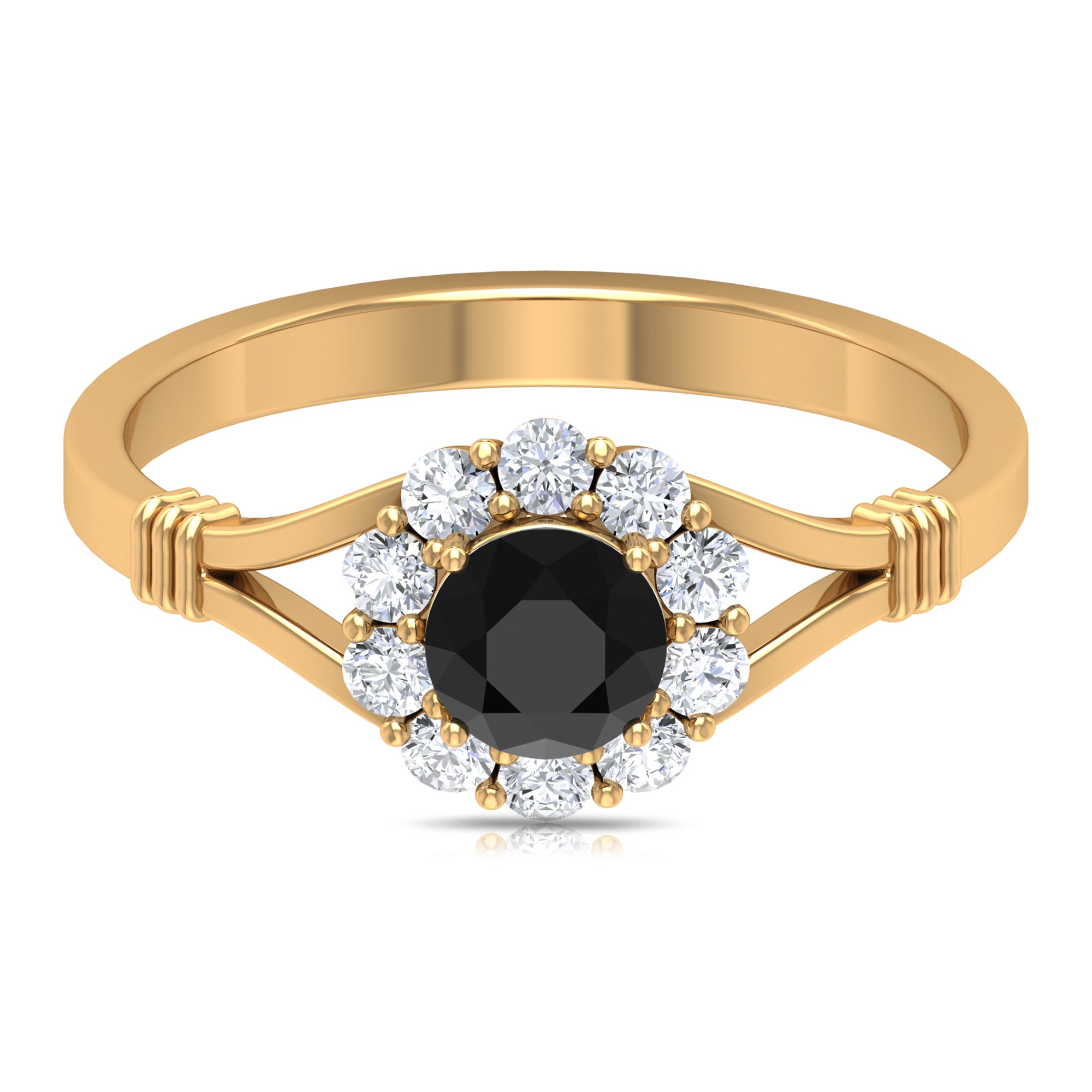 Rosec Jewels-Black Onyx and Diamond Flower Halo Ring with Split Shank