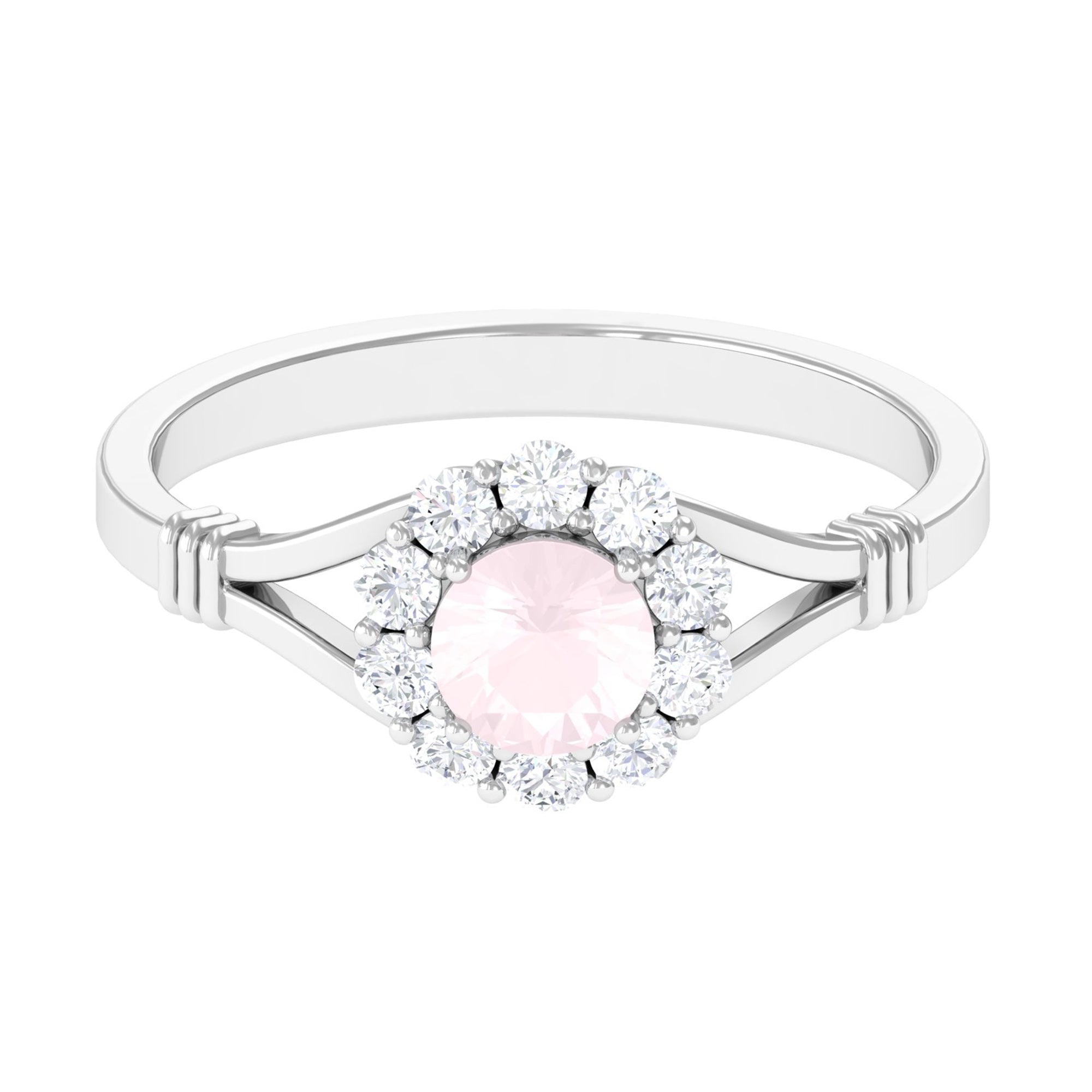 Rosec Jewels-1 CT Rose Quartz Flower Engagement Ring with Diamond Halo in Split Shank