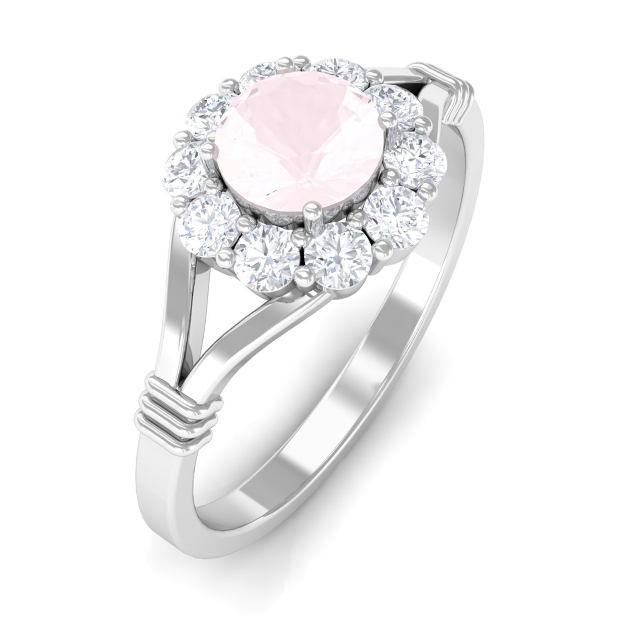 Rosec Jewels-1 CT Rose Quartz Flower Engagement Ring with Diamond Halo in Split Shank