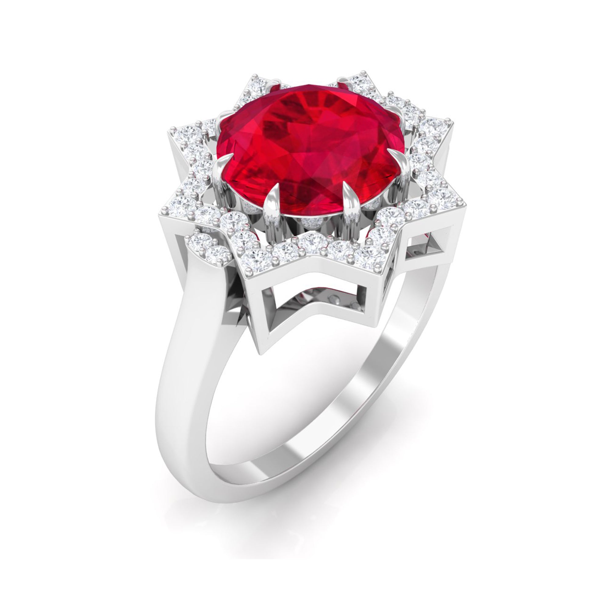 Rosec Jewels-Created Ruby Star Shape Engagement Ring with Diamond