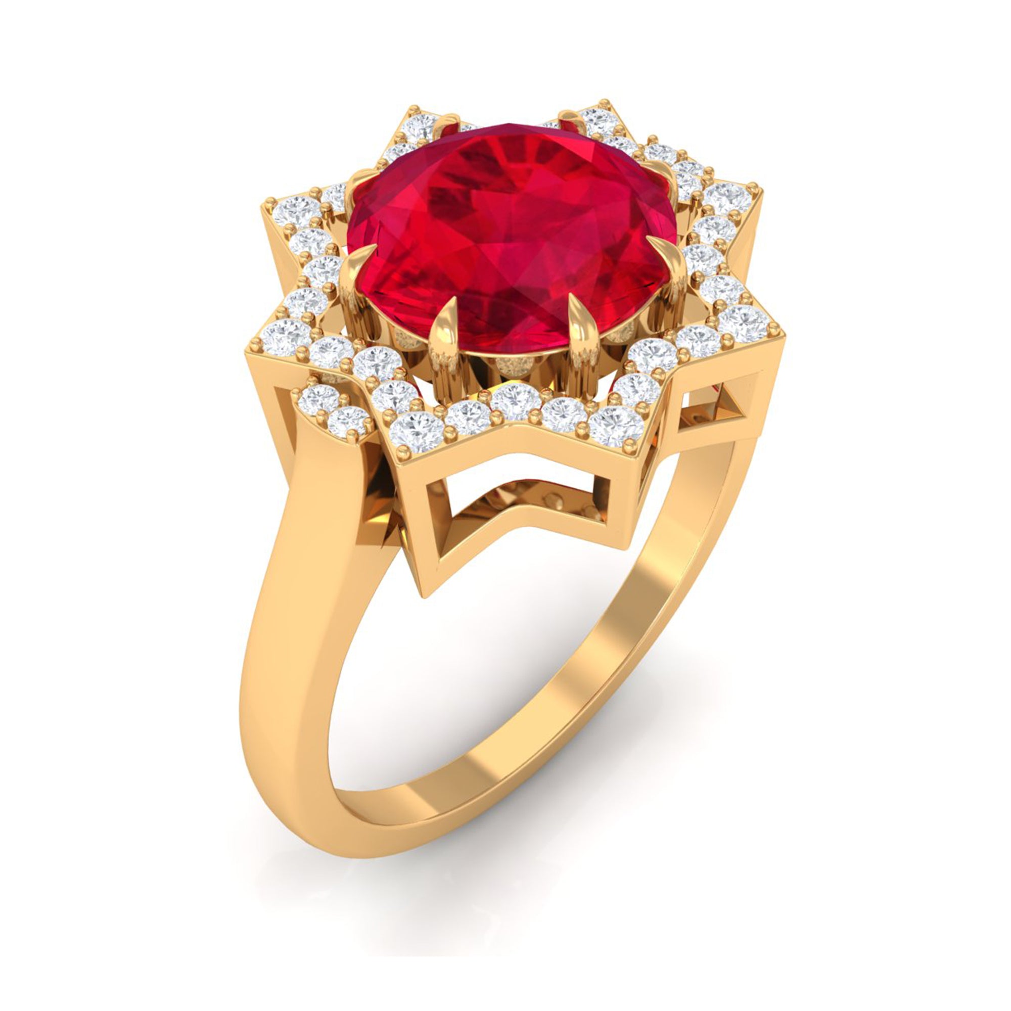 Rosec Jewels-Created Ruby Star Shape Engagement Ring with Diamond