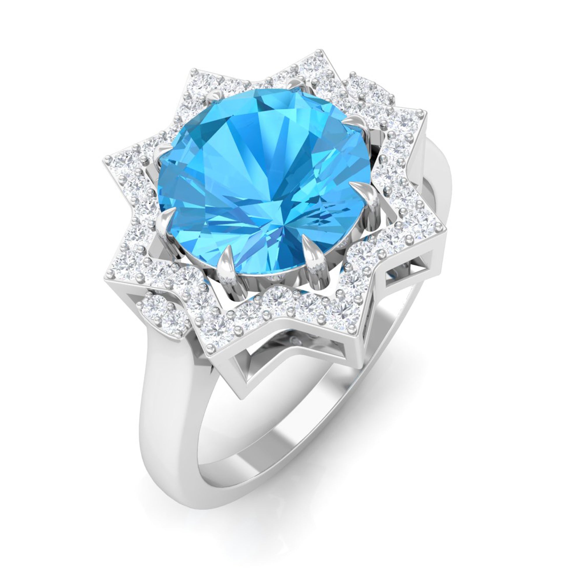 Rosec Jewels-Swiss Blue Topaz Star Shape Engagement Ring with Diamond