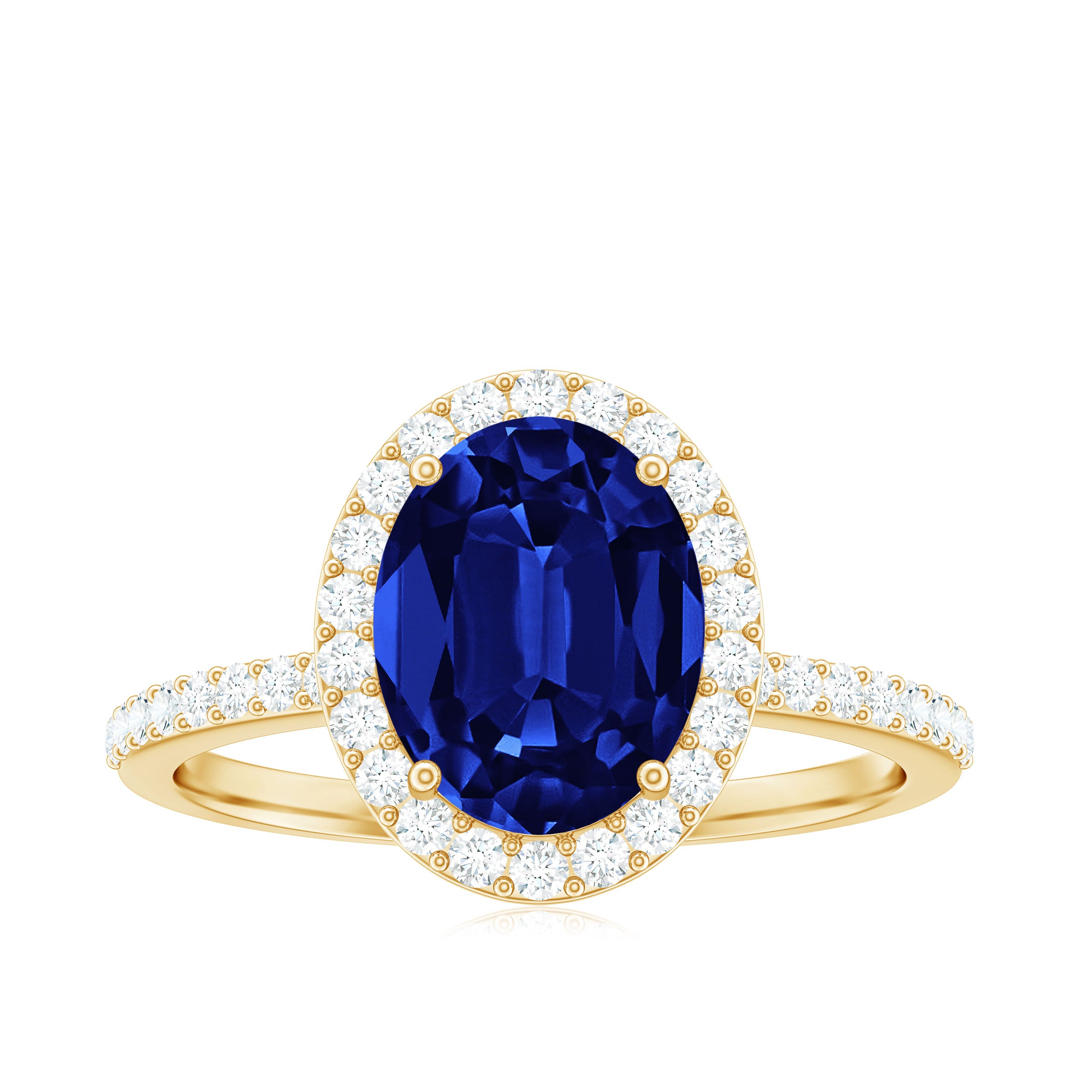 Rosec Jewels-Oval Cut Created Blue Sapphire and Diamond Halo Engagement Ring